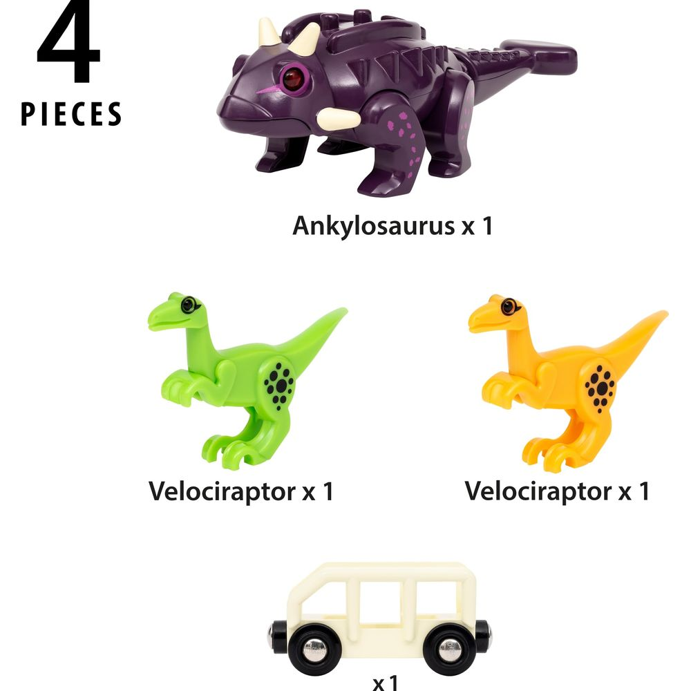 Lila Ankylosaurus, grüne und gelbe Velociraptoren, weiße Straßenbahn. 4 Teile.