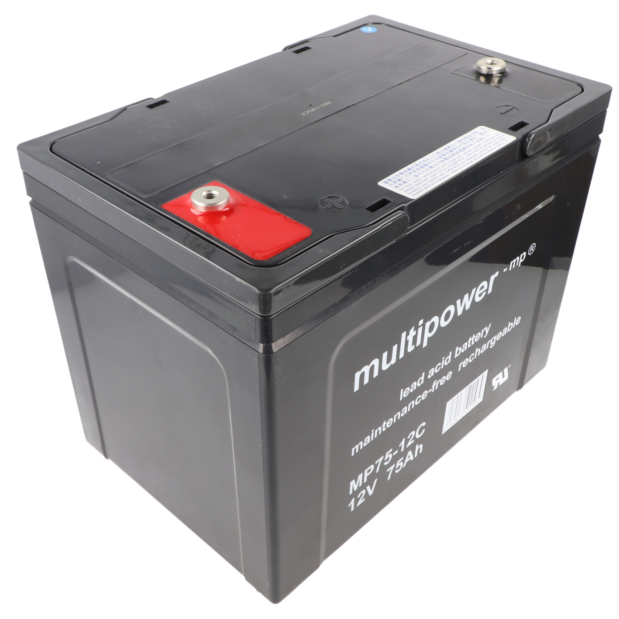 Schwarze Batterie mit roten und silbernen Anschlüssen. Markierung: Multipower.