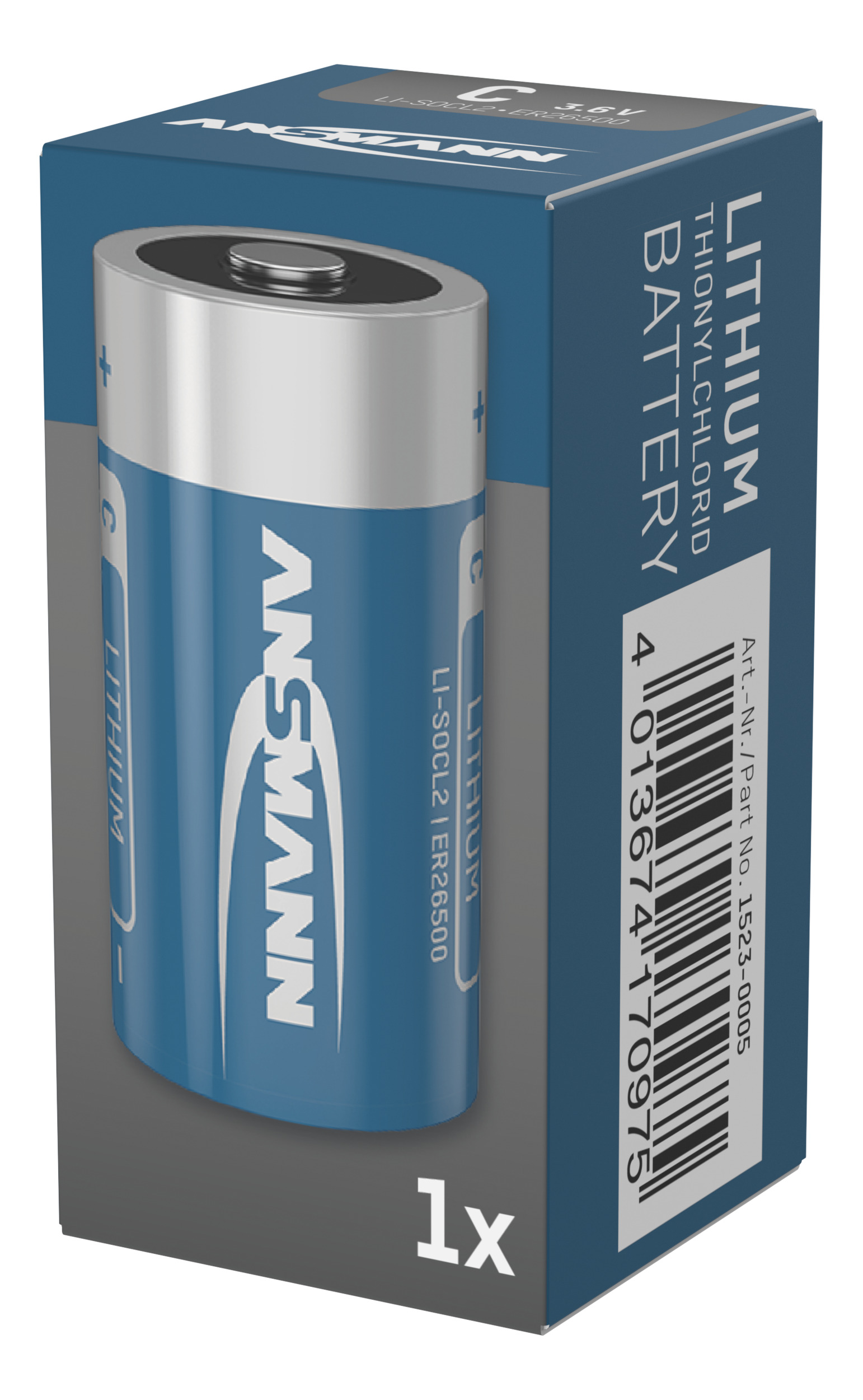 Blaue Verpackung mit einer einzelnen Lithiumbatterie der Größe C. Text auf der Verpackung: ANSMANN, LITHIUM BATTERY.