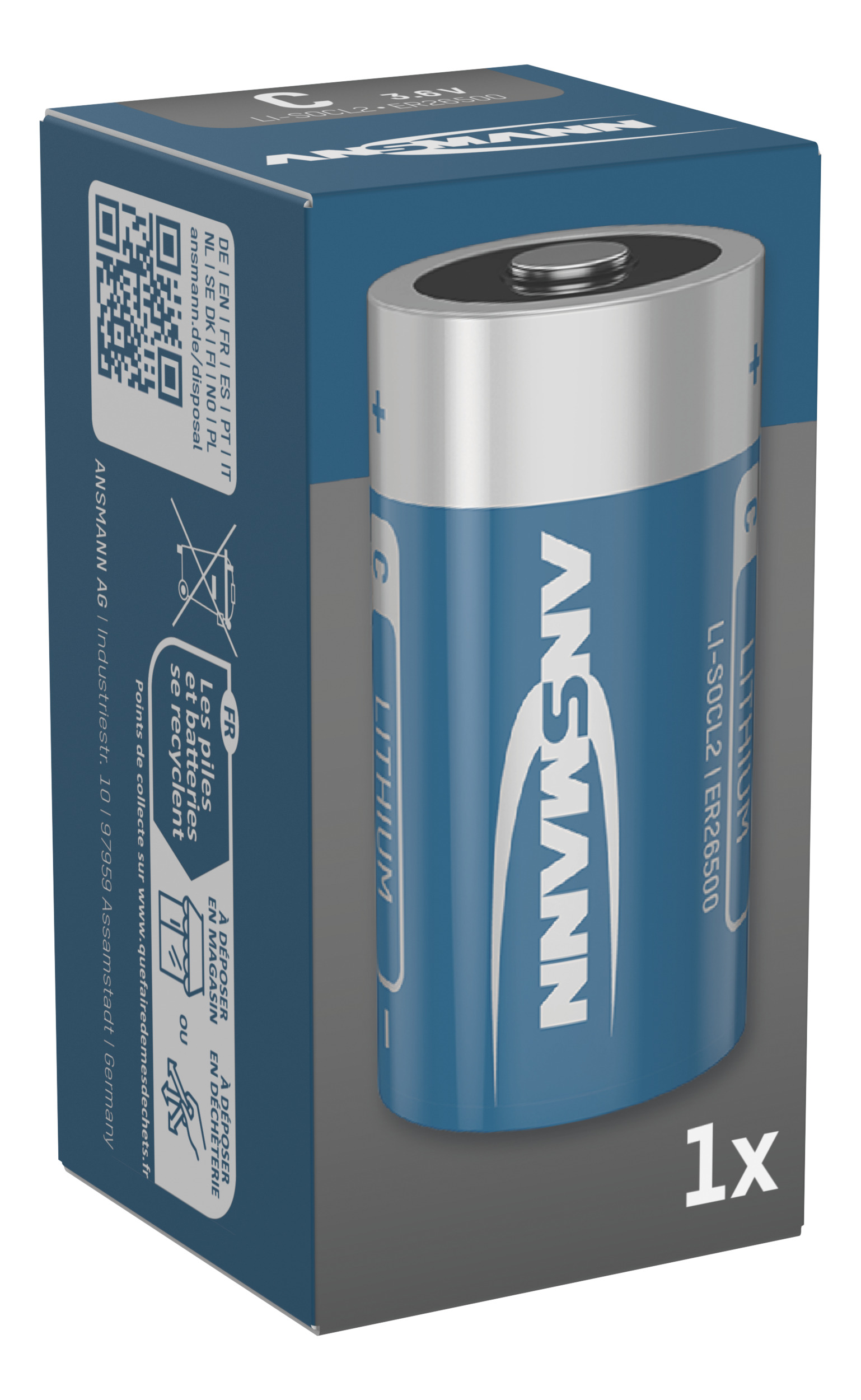 Verpackung mit einer ANSMANN Lithium C-Batterie, 3,6V, ER26500.