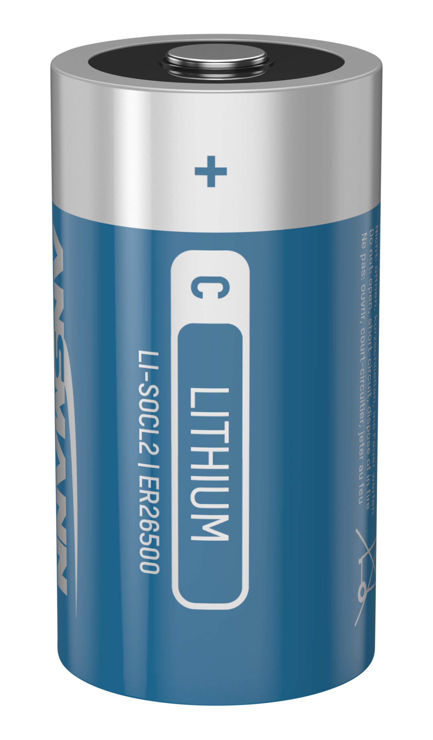 Eine C-Lithium-Batterie mit der Bezeichnung LI-SOCL2 ER26500 auf weißem Hintergrund.