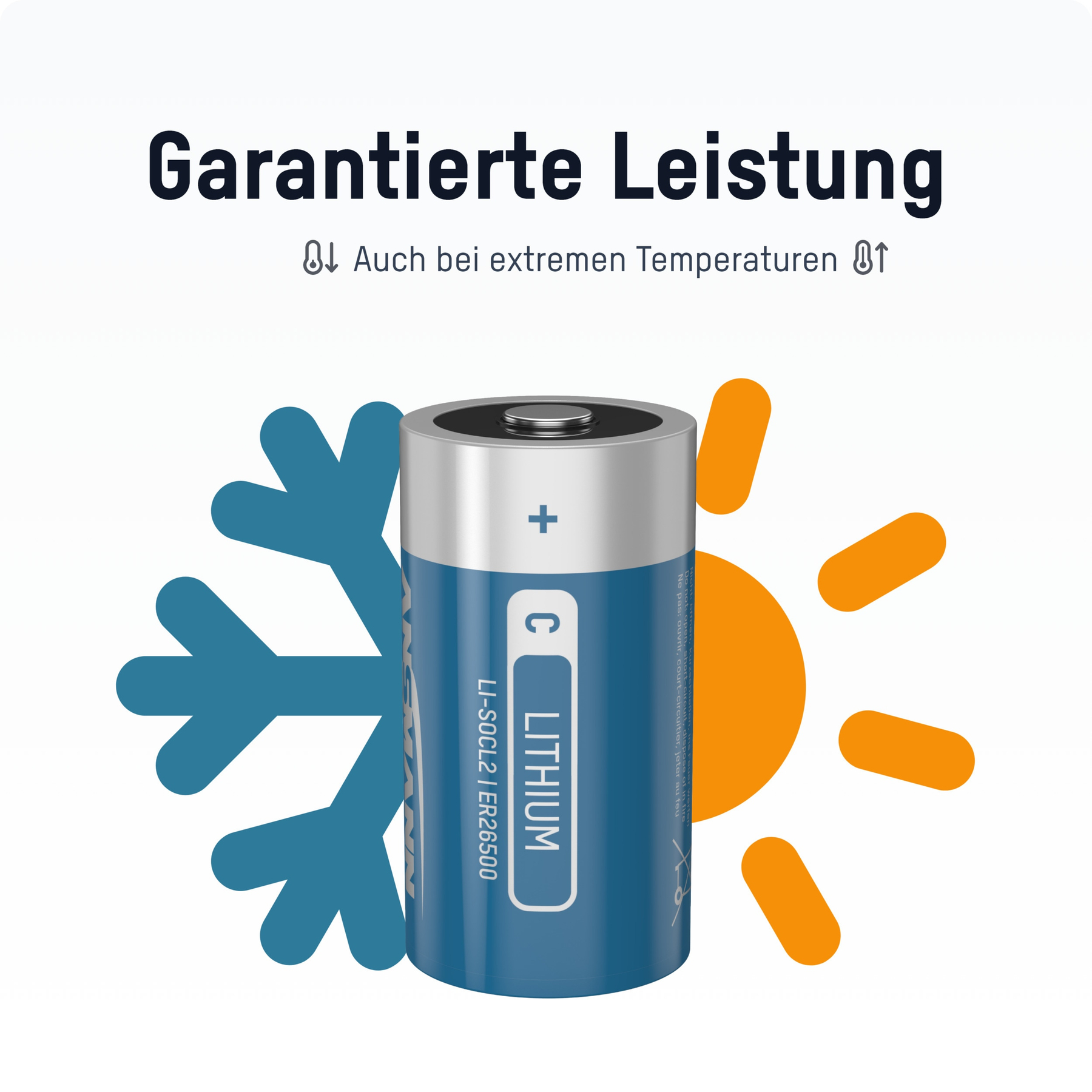 Lithium-Batterie zwischen Schneeflocke und Sonne, für garantierte Leistung bei extremen Temperaturen.