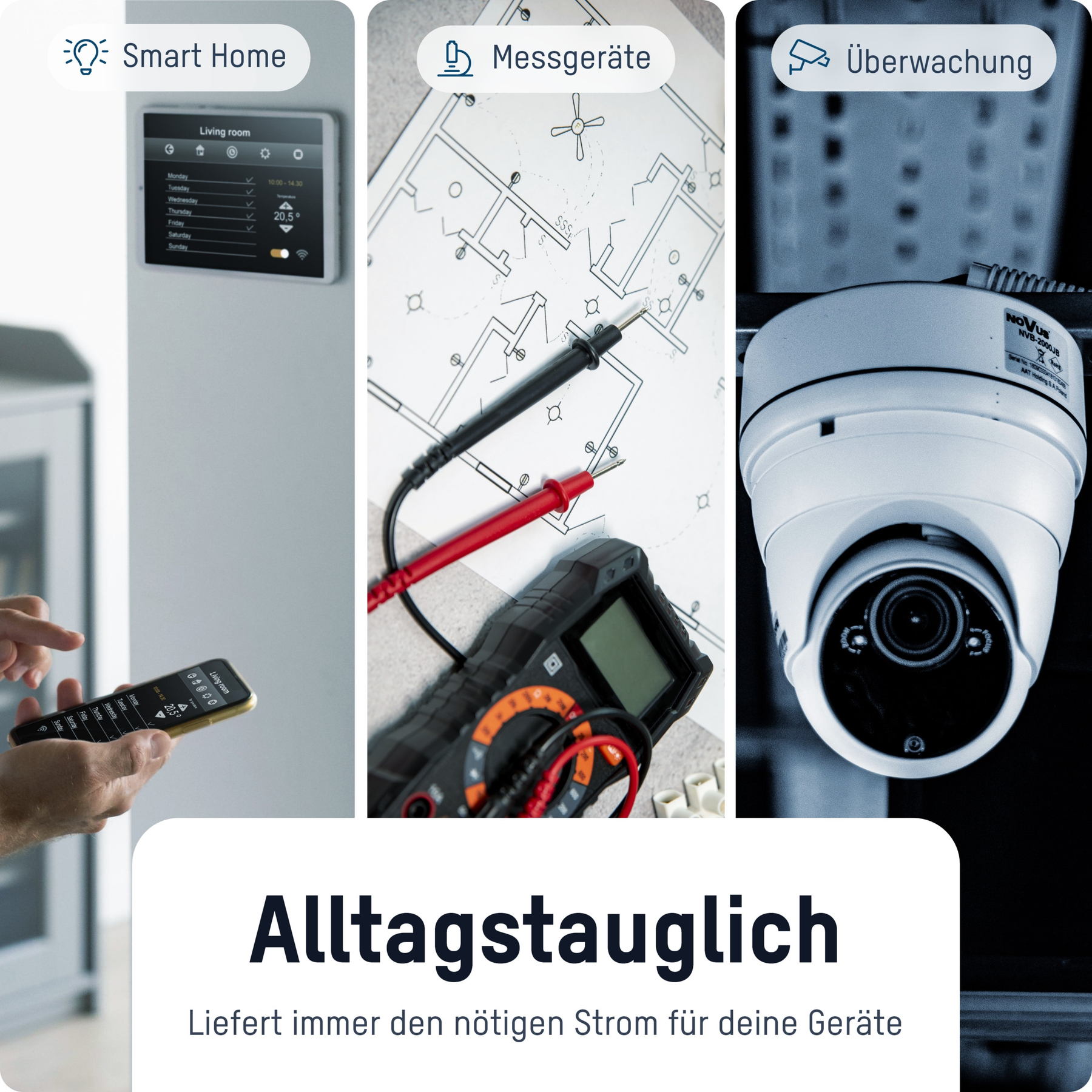 Collage: Smart Home Steuerung, Messgeräte auf Bauplan, Überwachungskamera.