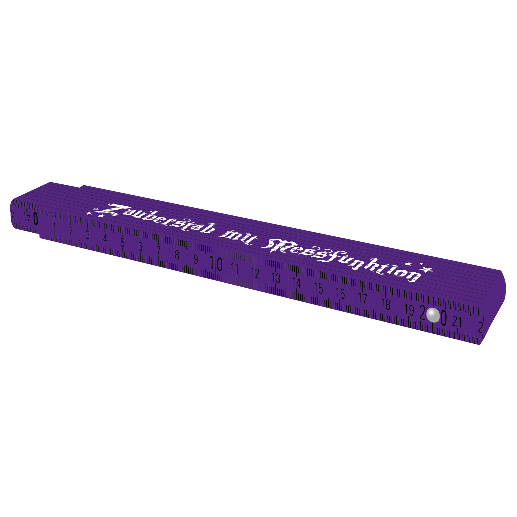 Lila Klapplineal mit weißer Schrift "Zauberstab mit Messfunktion" und Skala.