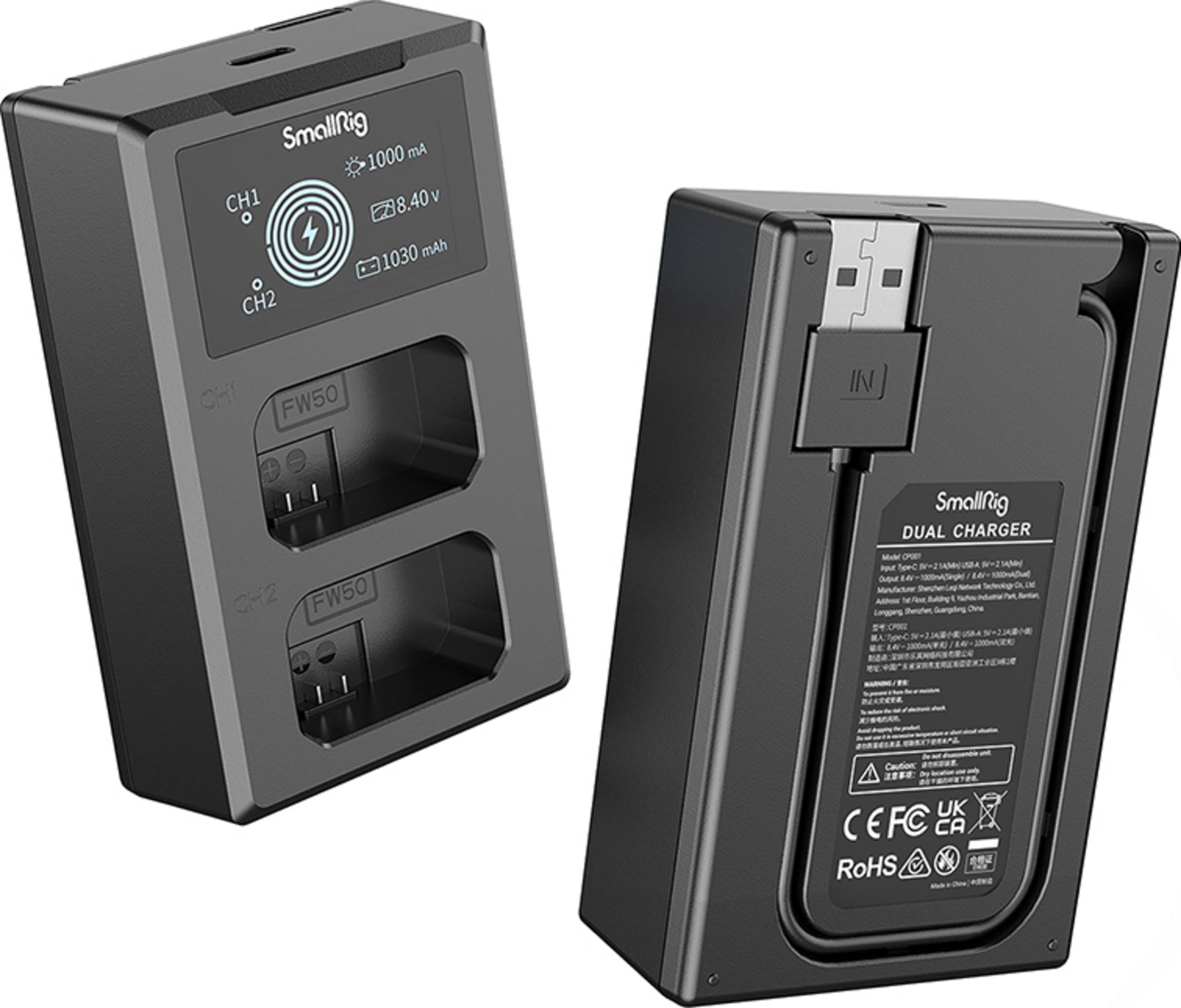 Dos cargadores duales negros SmallRig, uno con pantalla y otro con entrada USB.