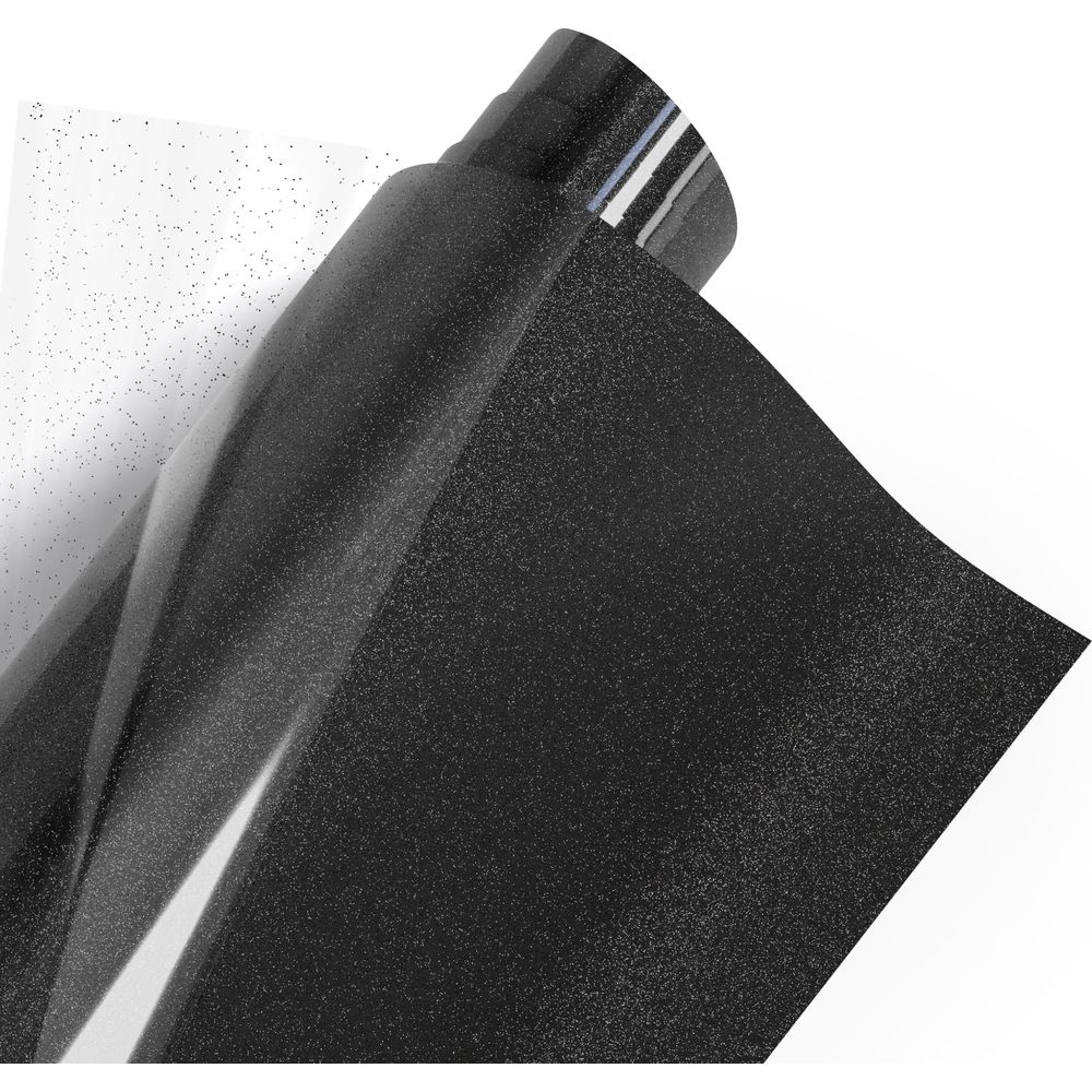 Eine Rolle glitzerndes schwarzes Vinyl auf weißem Hintergrund.