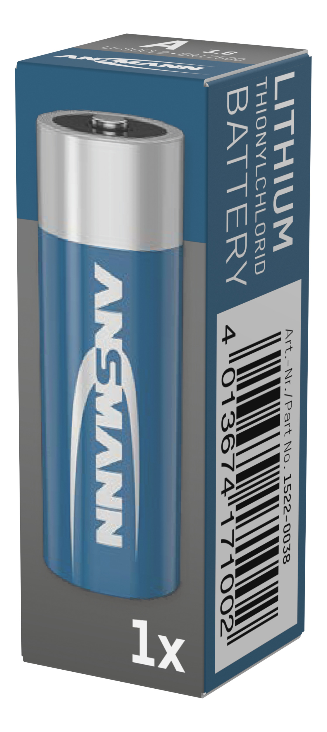 Eine blaue Verpackung zeigt eine silberne Lithium-Batterie mit ANSMANN-Logo.
