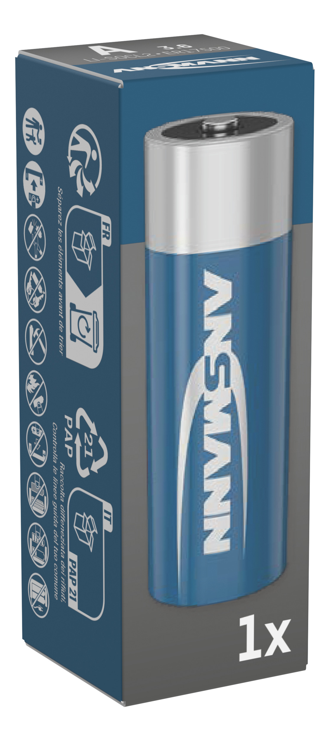 Eine blaue Batteriepackung mit der Aufschrift ANSMANN und 1x. Enthält Sortiersymbole.