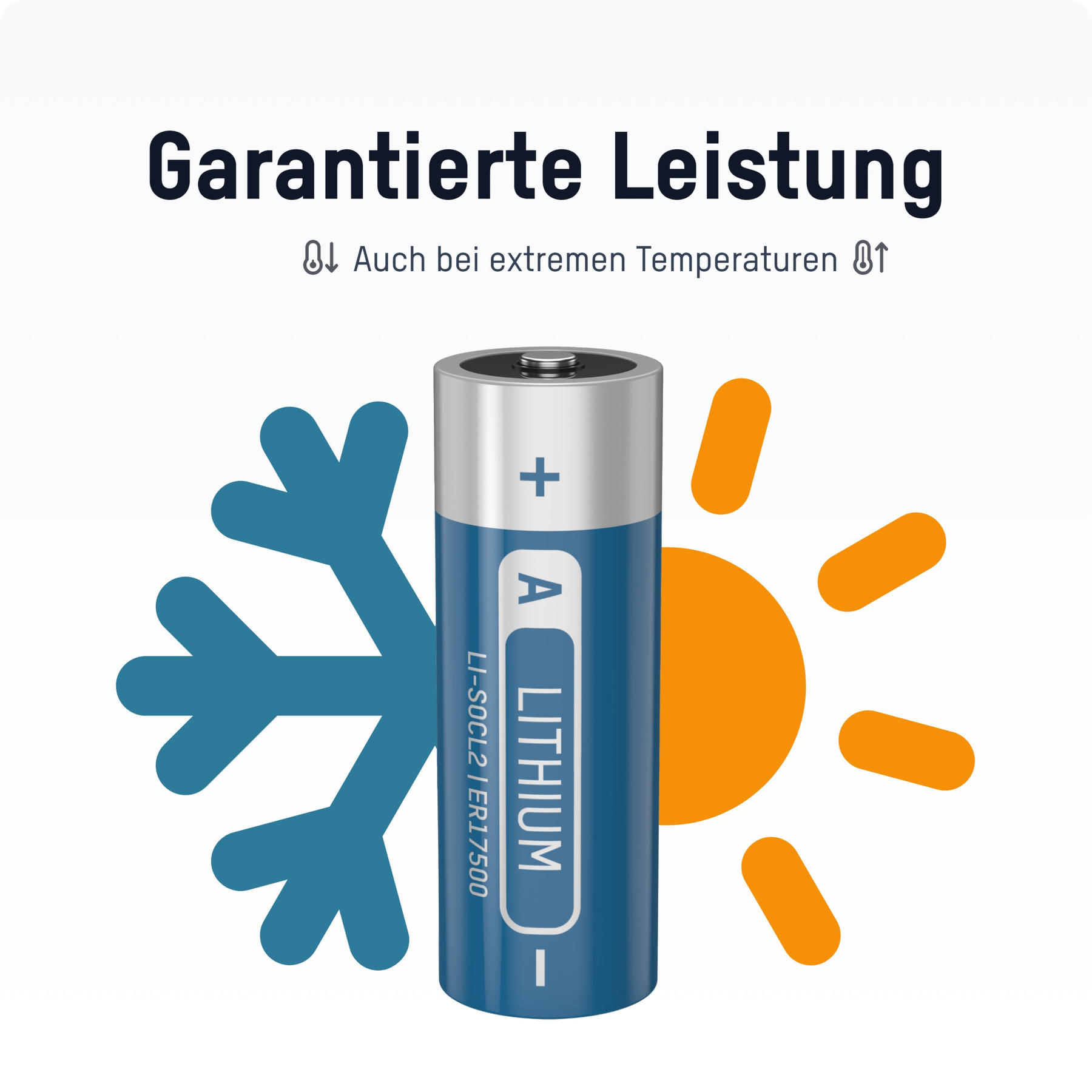Lithium-Batterie mit Schneeflocken- und Sonnensymbolen. Garantierte Leistung.