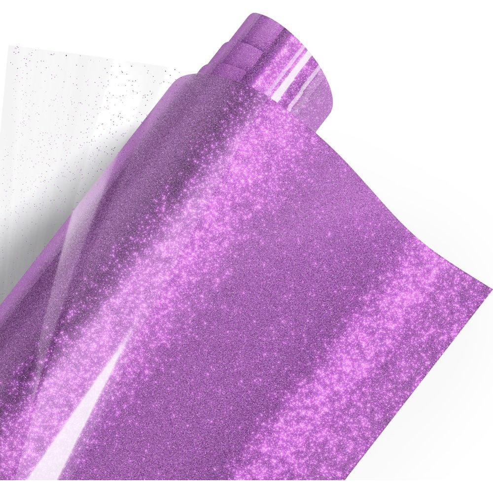Eine Rolle glitzerndes, lila Vinylmaterial, aufgerollt und teilweise entrollt.