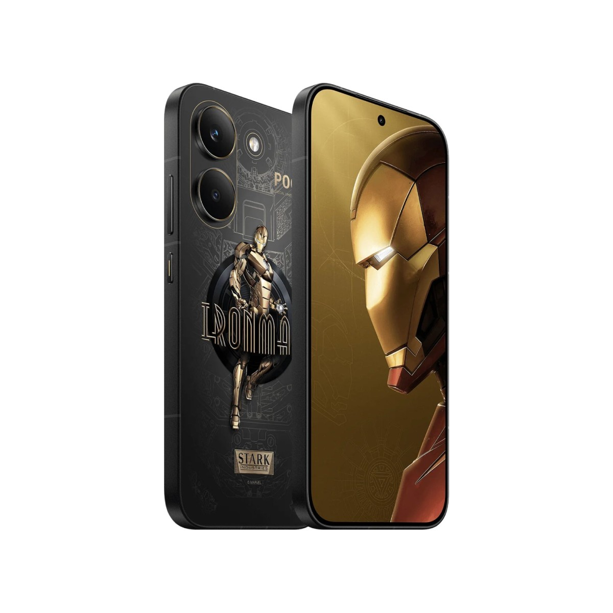 Czarny smartfon z motywem Iron Mana. Tył pokazuje postać i napis 'Iron Man'.