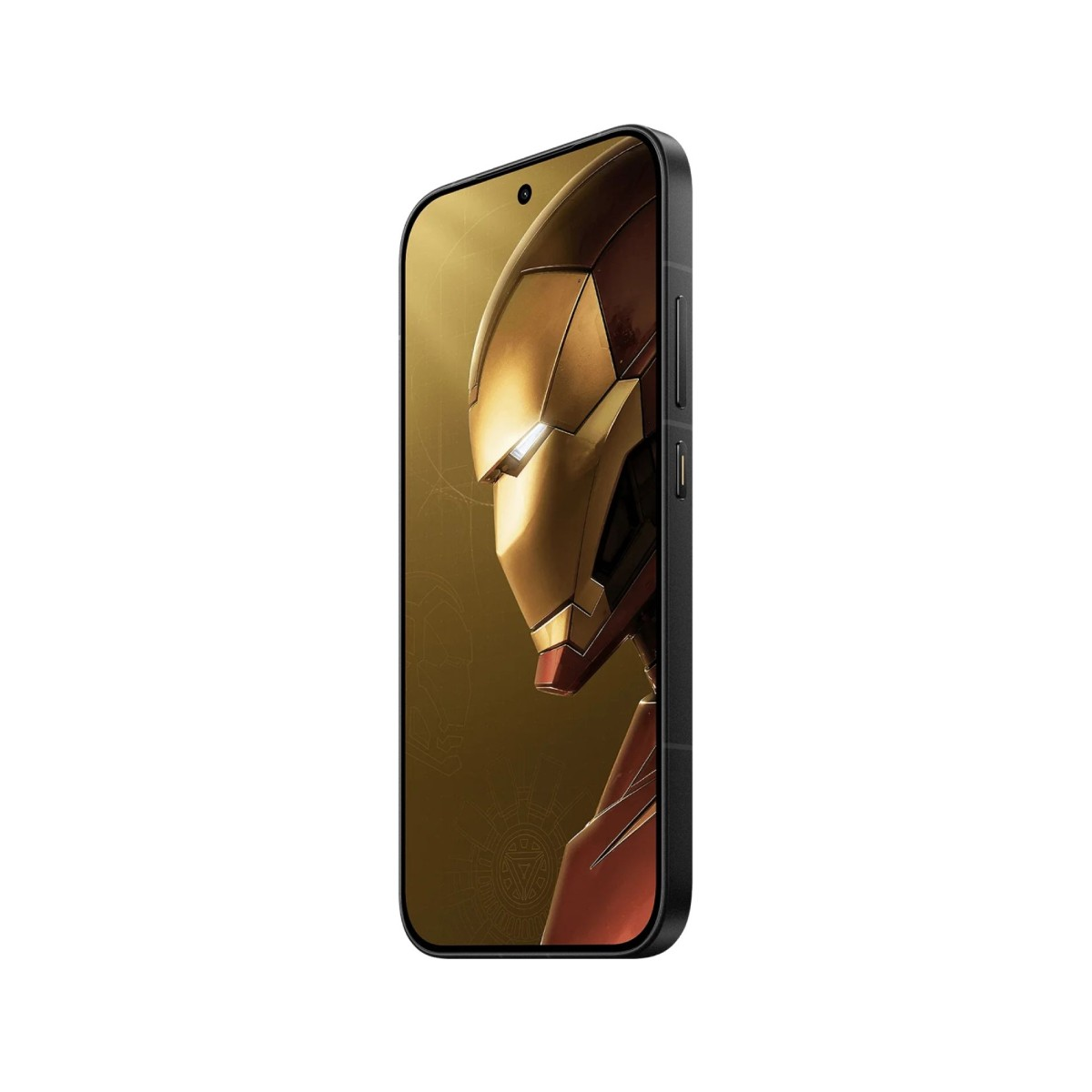 Smartfon wyświetla twarz Iron Mana w kolorach złota i czerwieni na żółtym tle.