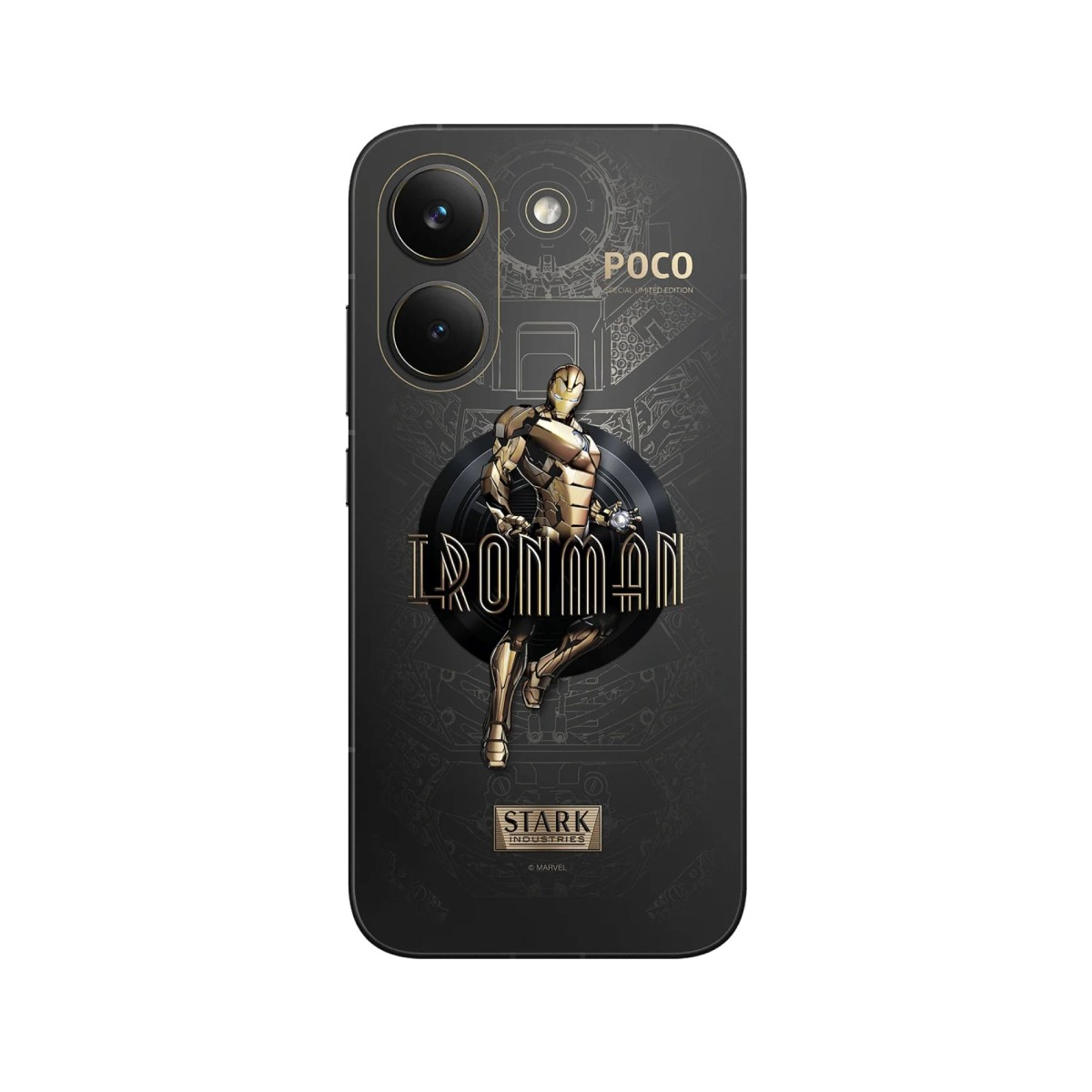 Czarne etui na telefon z Iron Manem, logo POCO i napisem Stark Industries.