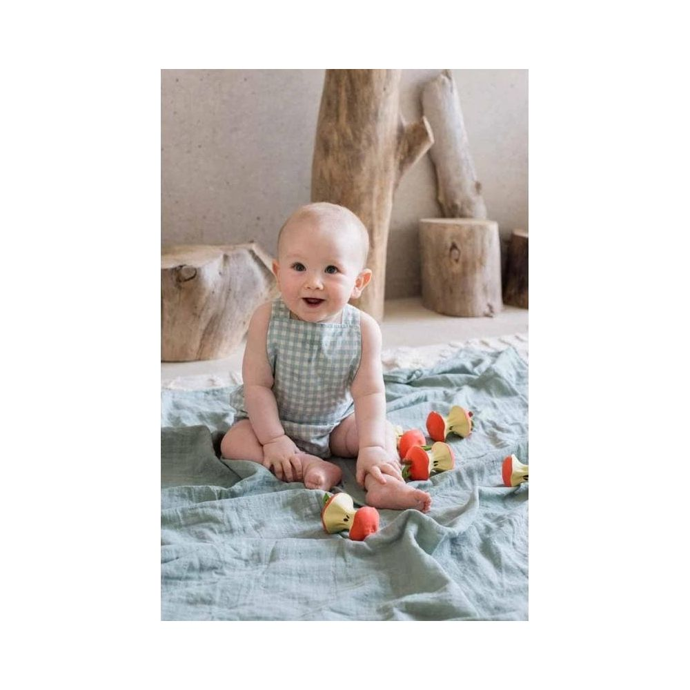 Ein Baby in einem Vichykaro-Strampler sitzt auf einer blauen Decke mit Spielzeugäpfeln.