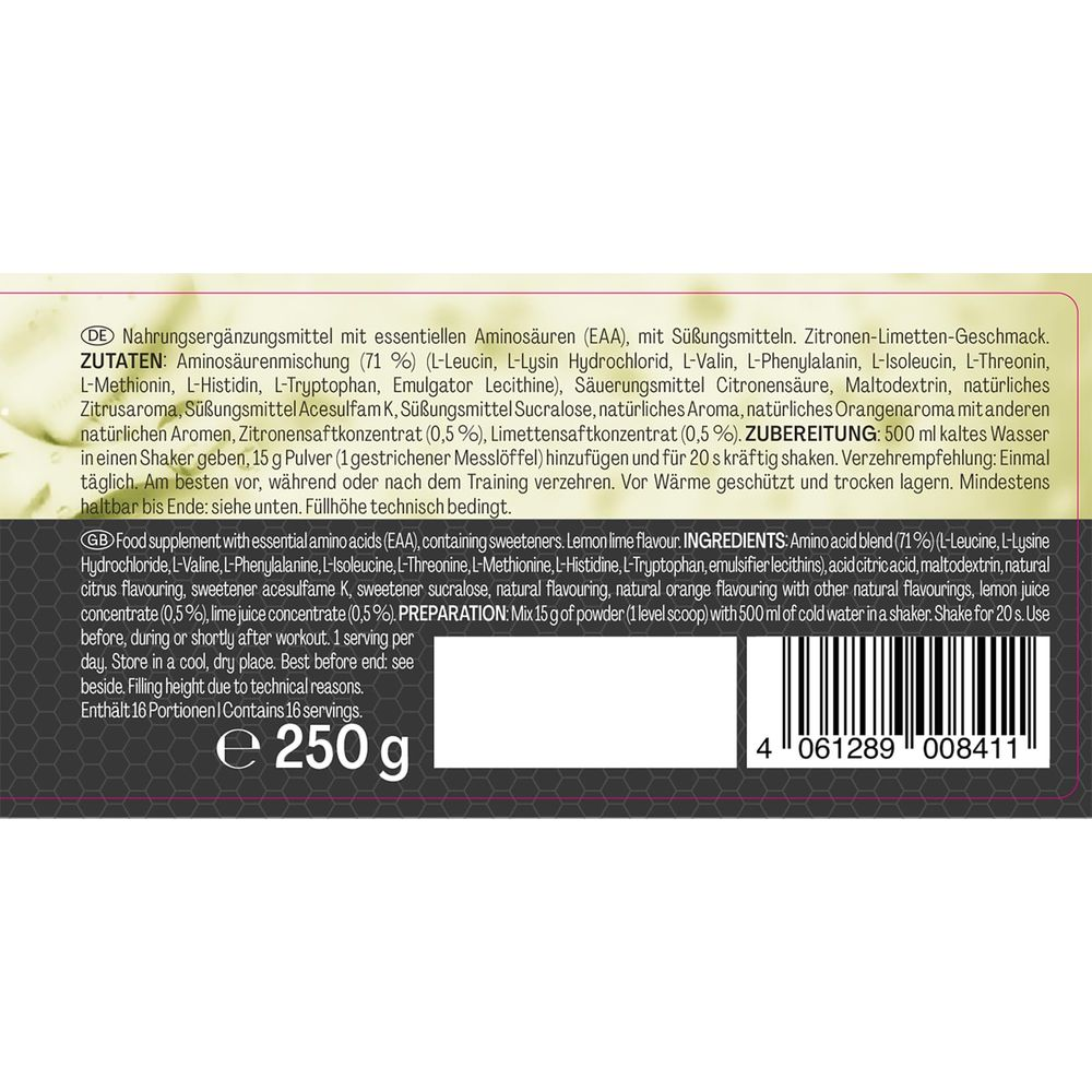 Lebensmittel mit Aminosäuren, Süßungsmitteln. Zitronen-Limetten-Geschmack. 250g.