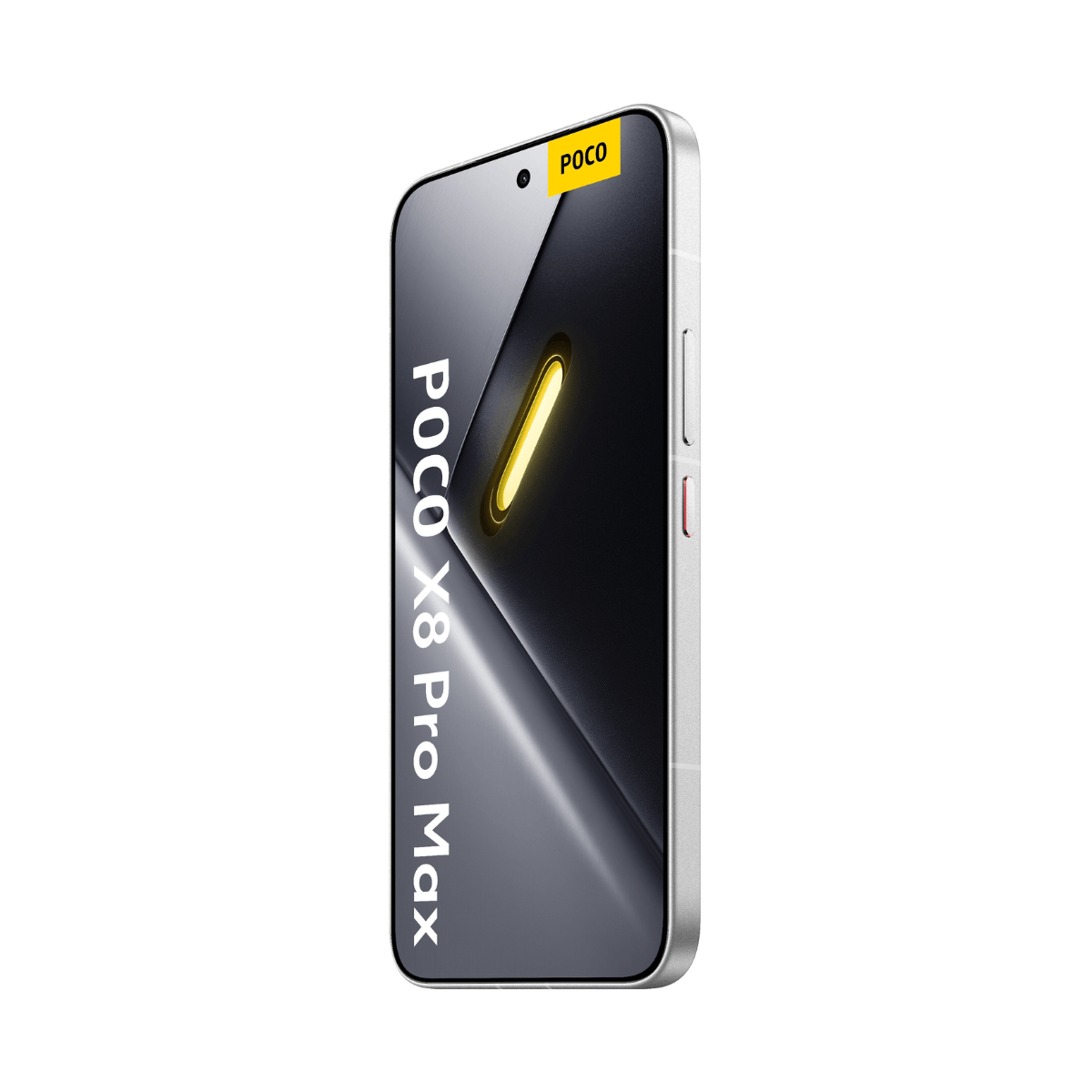 Srebrny smartfon z logo POCO, pionowym napisem i żółtym akcentem świetlnym.