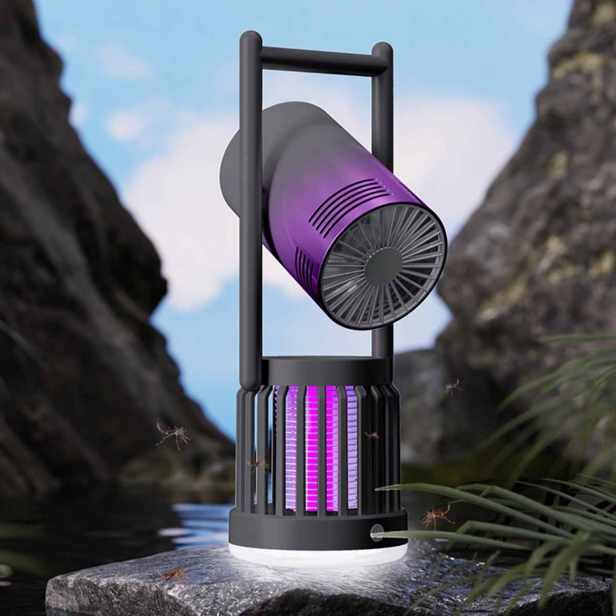 Ein lila Insektenvernichter mit UV-Licht steht auf einem Stein am Wasser.