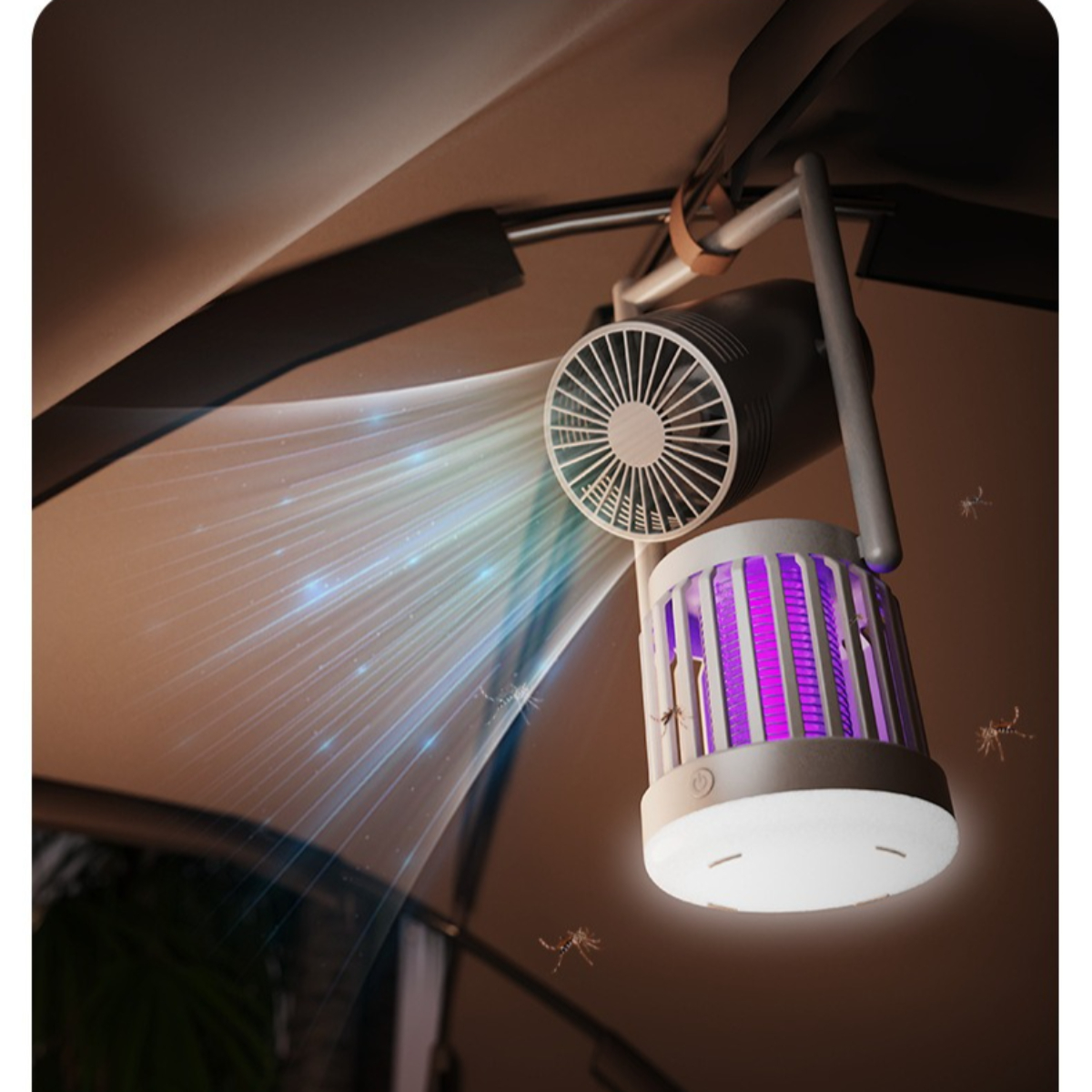 Ein Camping-Ventilator mit UV-Licht zieht Mücken an, die im Zelt umherfliegen.