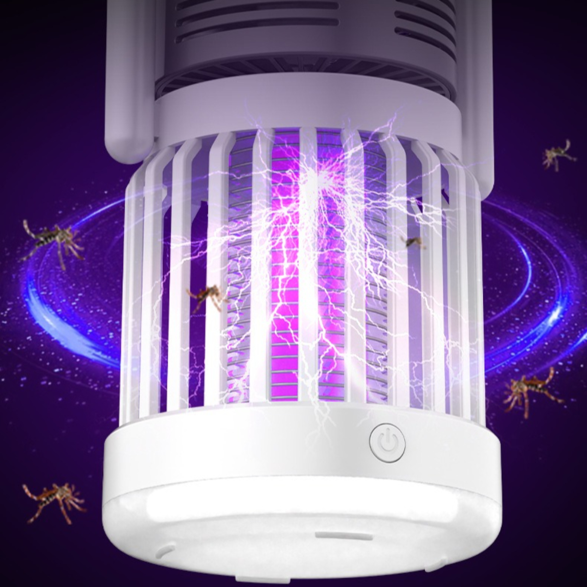 Ein weißer Insektenvernichter mit violetter UV-Beleuchtung und Blitzen.