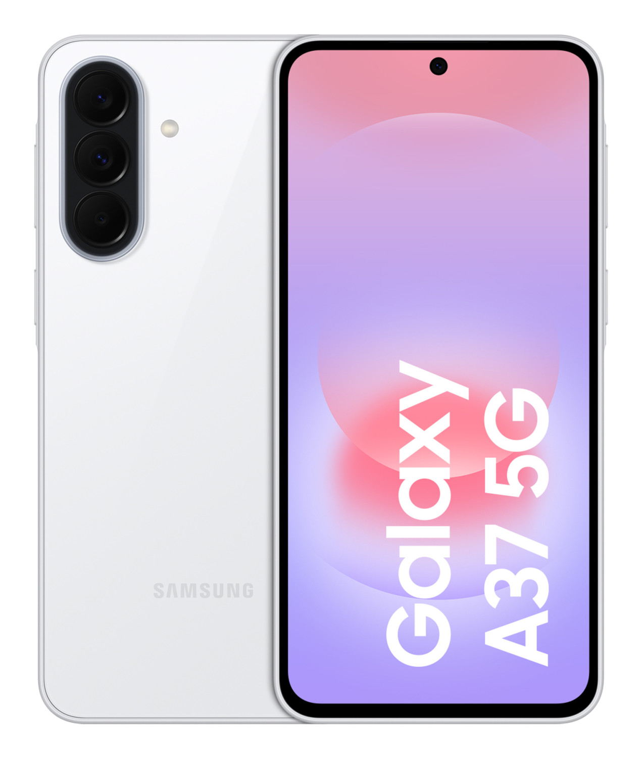 Un smartphone Samsung Galaxy A37 5G blanc avec une configuration triple caméra.