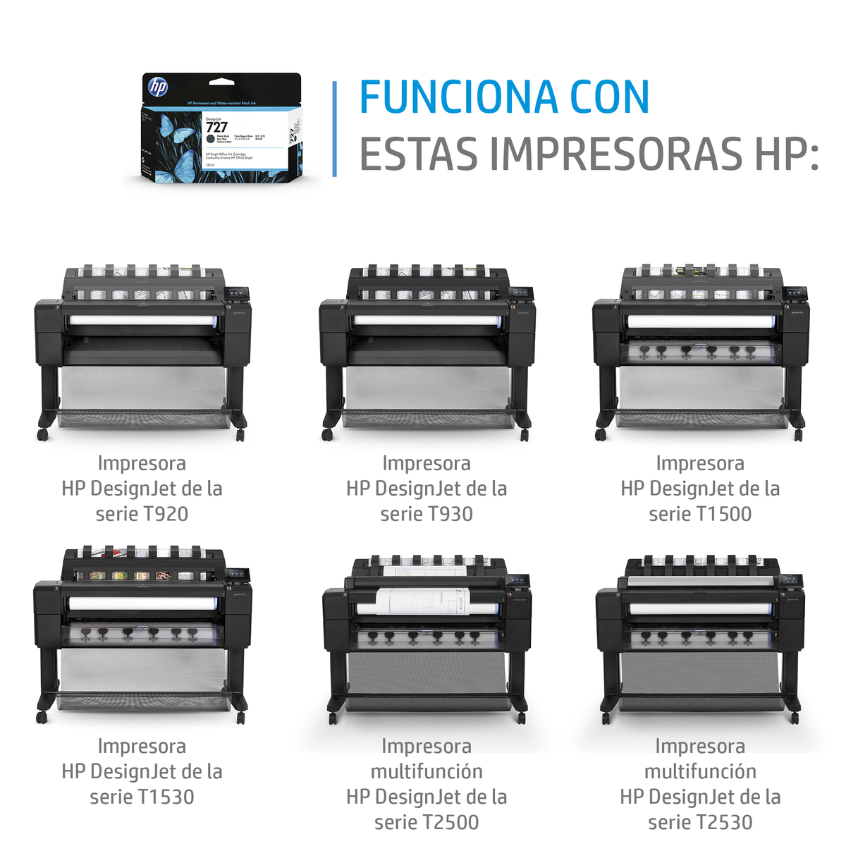 System atramentowy HP z 6 drukarkami: T920, T930, T1500, T1530, T2500, T2530.