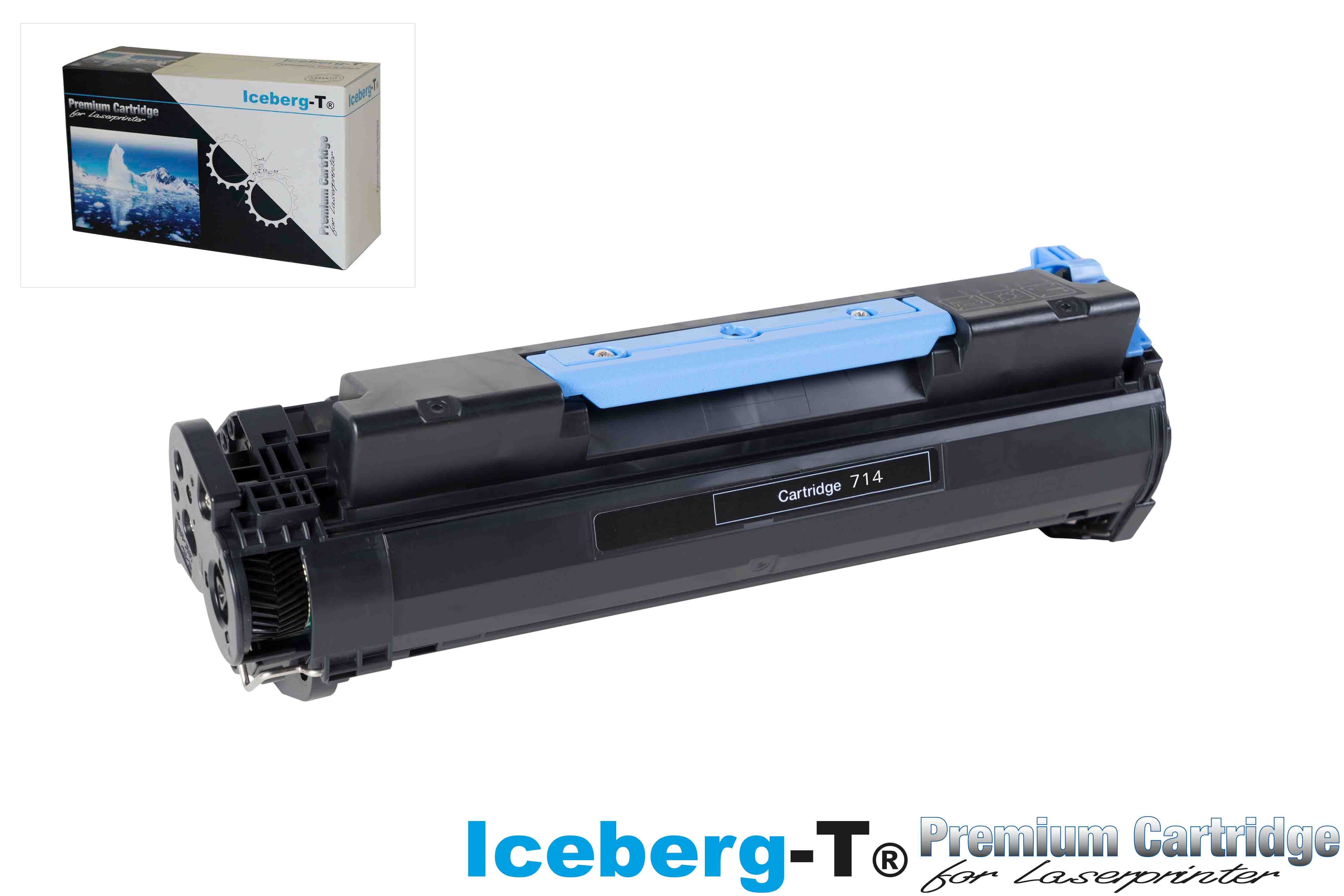 Schwarze Laserdruckerpatrone Modell 714 mit blauen Hebeln. Oben links eine Verpackung.