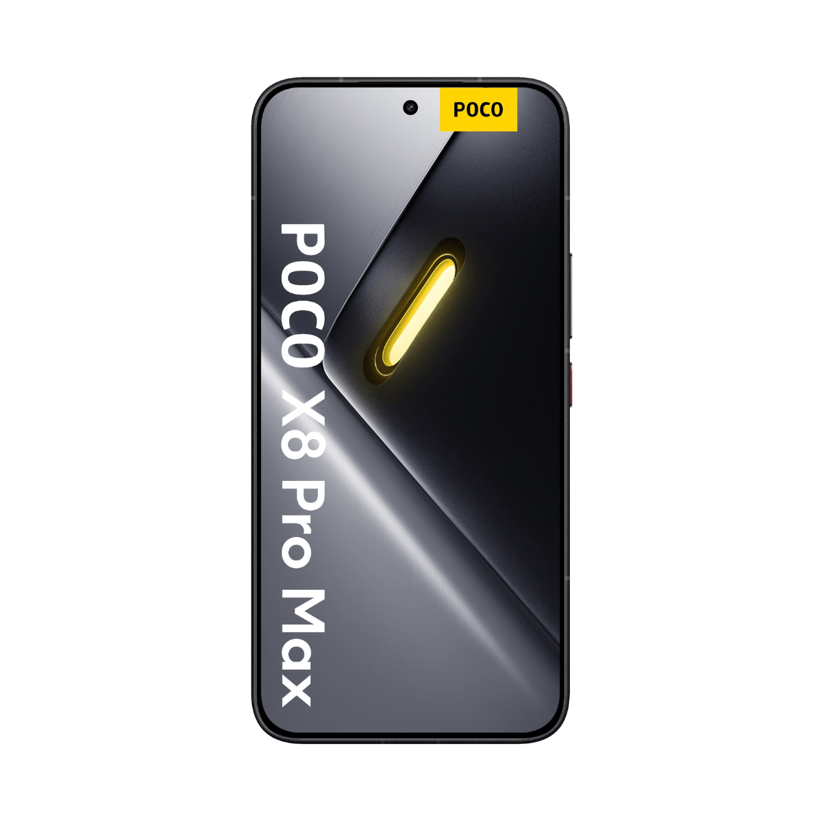Czarny smartfon z logo POCO i żółtym podświetleniem.