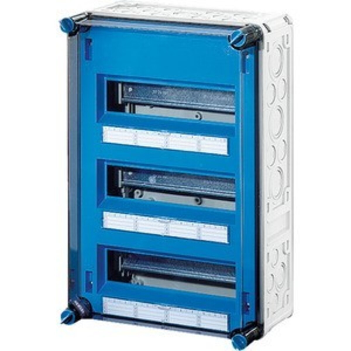Una scatola di distribuzione elettrica blu e bianca con più file di interruttori.