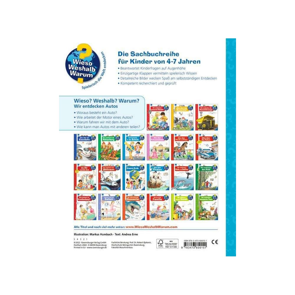 Buchreihe 'Wieso? Weshalb? Warum?' für Kinder. Zeigt verschiedene Buchcover zu Autos, Weltraum, Erde, Tieren.