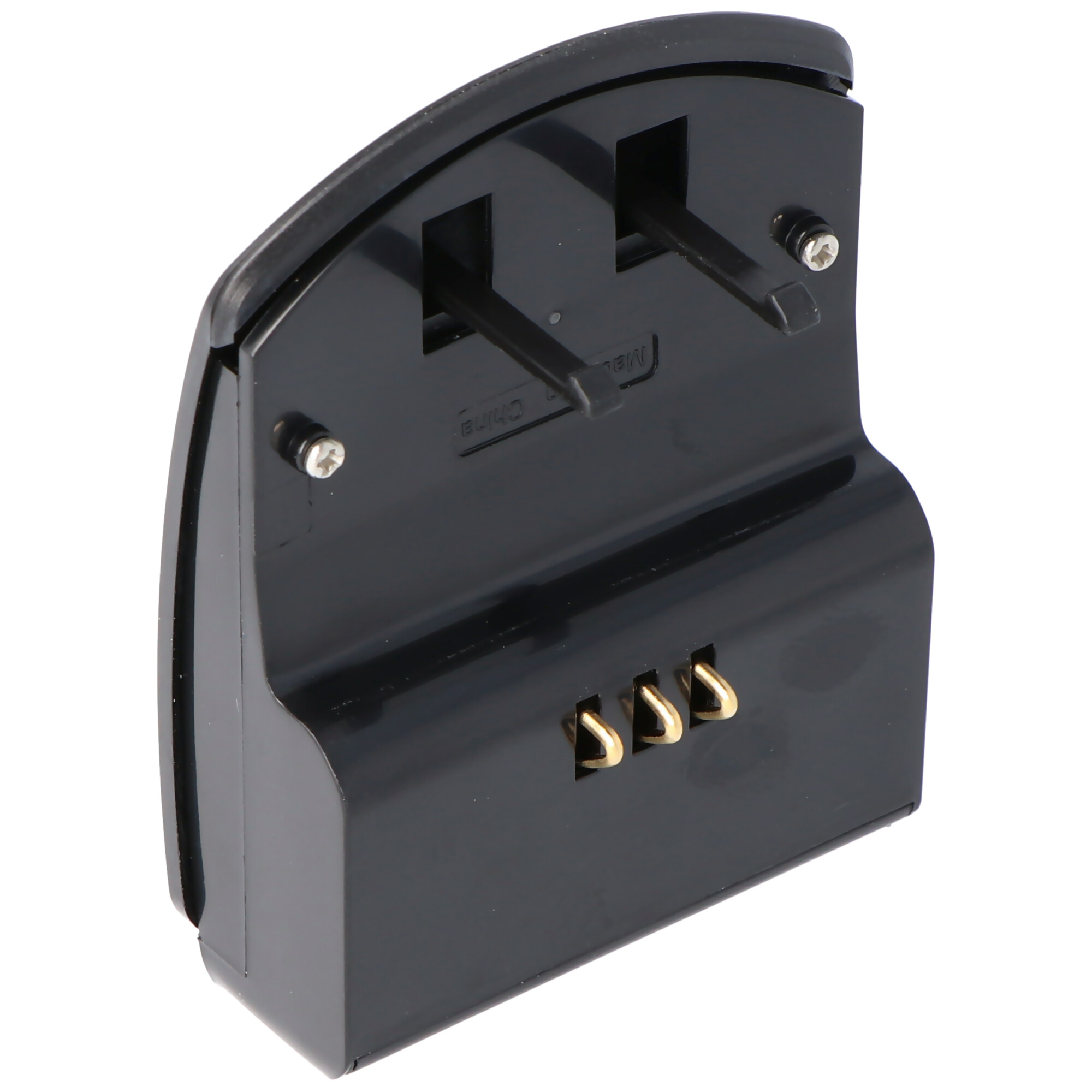 Ein schwarzer Netzsteckeradapter mit zwei Stiften und drei goldenen Kontakten.