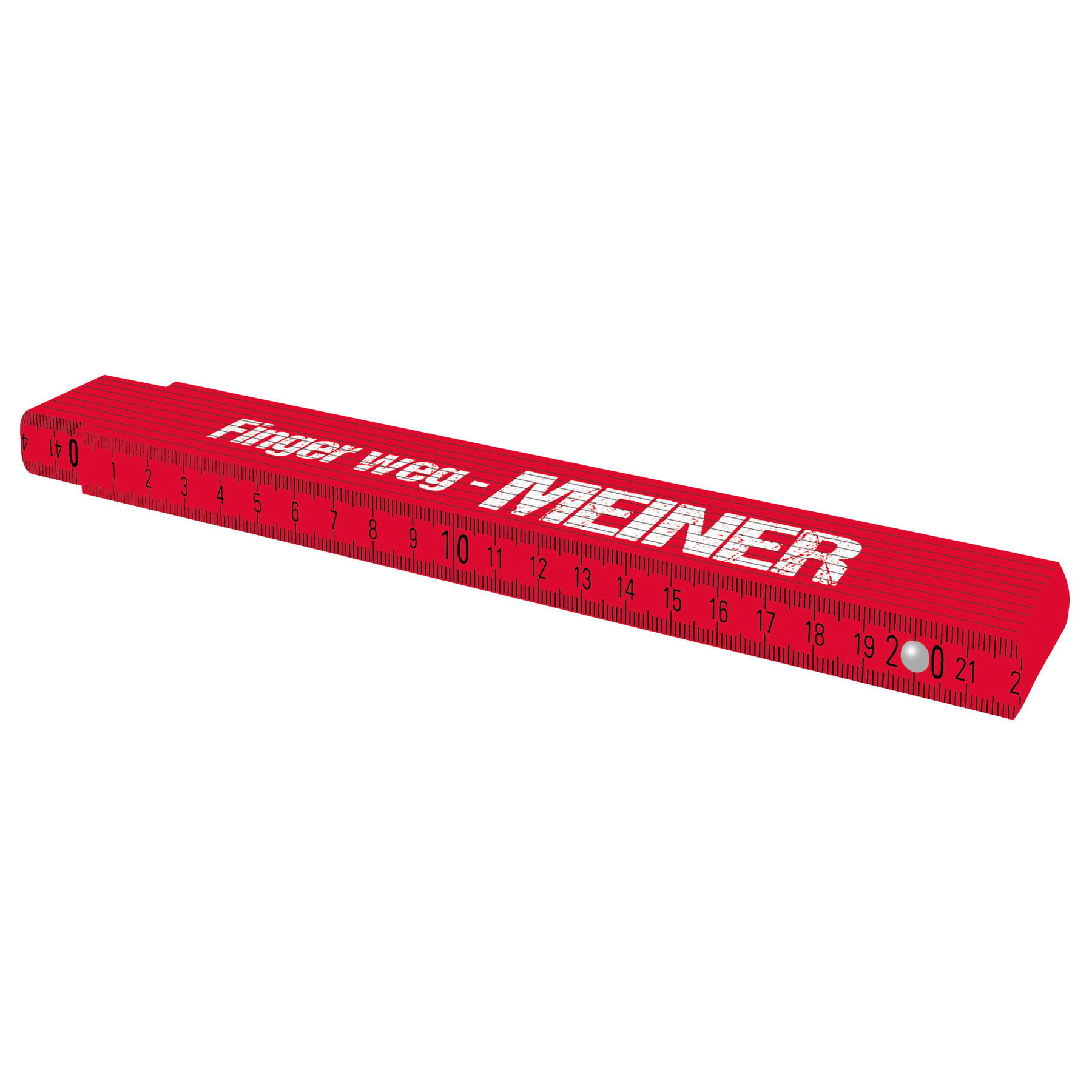 Ein roter Gliedermaßstab mit weißen Markierungen und Zahlen.