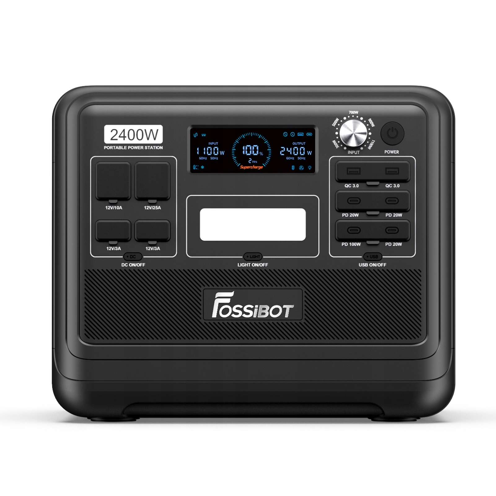 Czarna przenośna stacja zasilania z cyfrowym wyświetlaczem i wieloma portami.