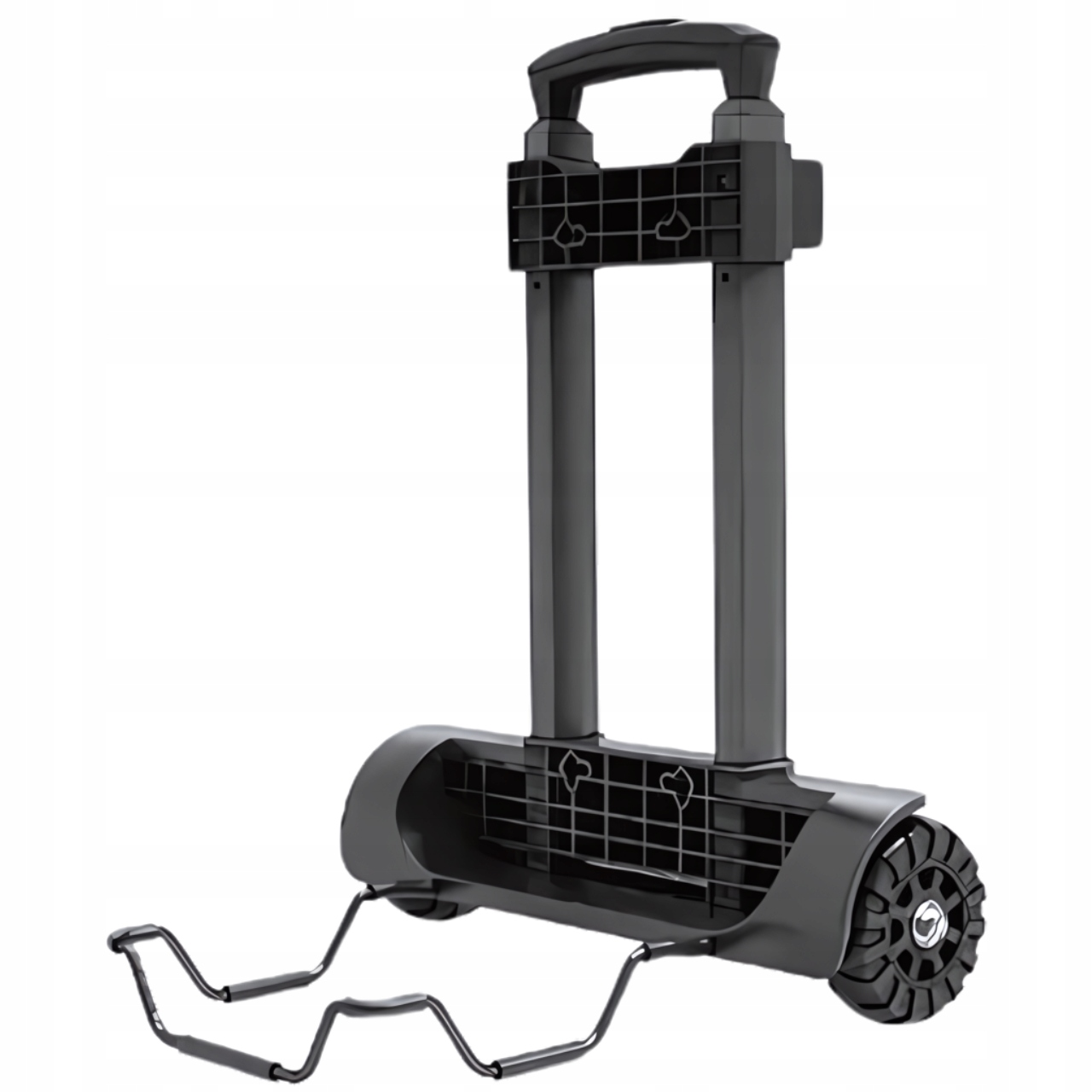 Czarny uchwyt bagażowy z dwoma kołami i wysuwaną rączką.