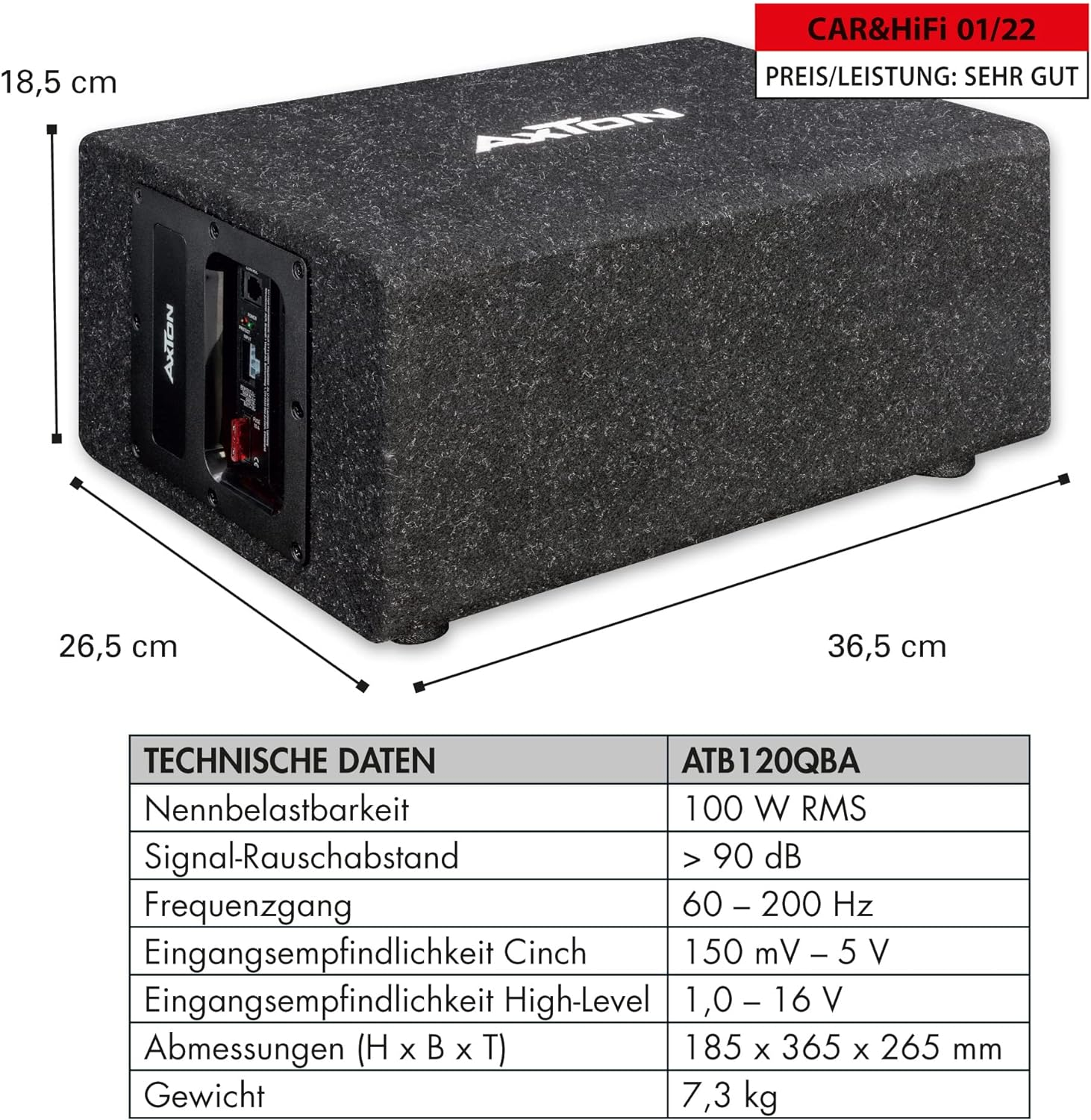 Schwarzer Subwoofer mit Maßen 18,5x26,5x36,5cm und techn. Daten.