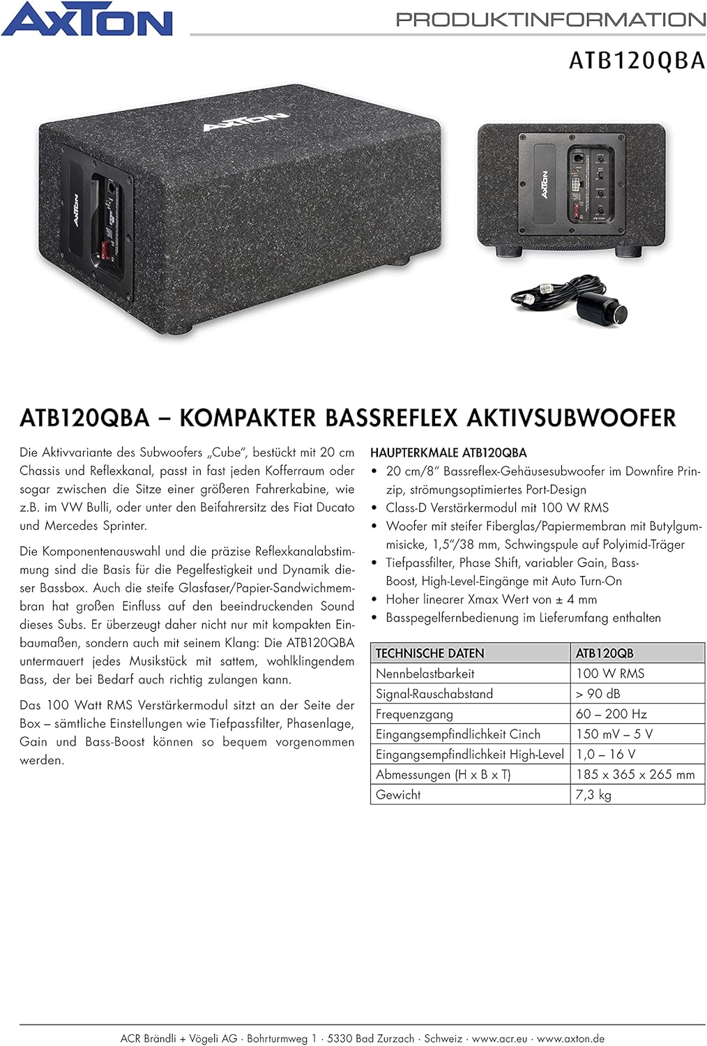 Kompakter Bassreflex-Subwoofer mit schwarzem Gehäuse und silbernem Lautsprecher. Hinten Anschlussfeld.