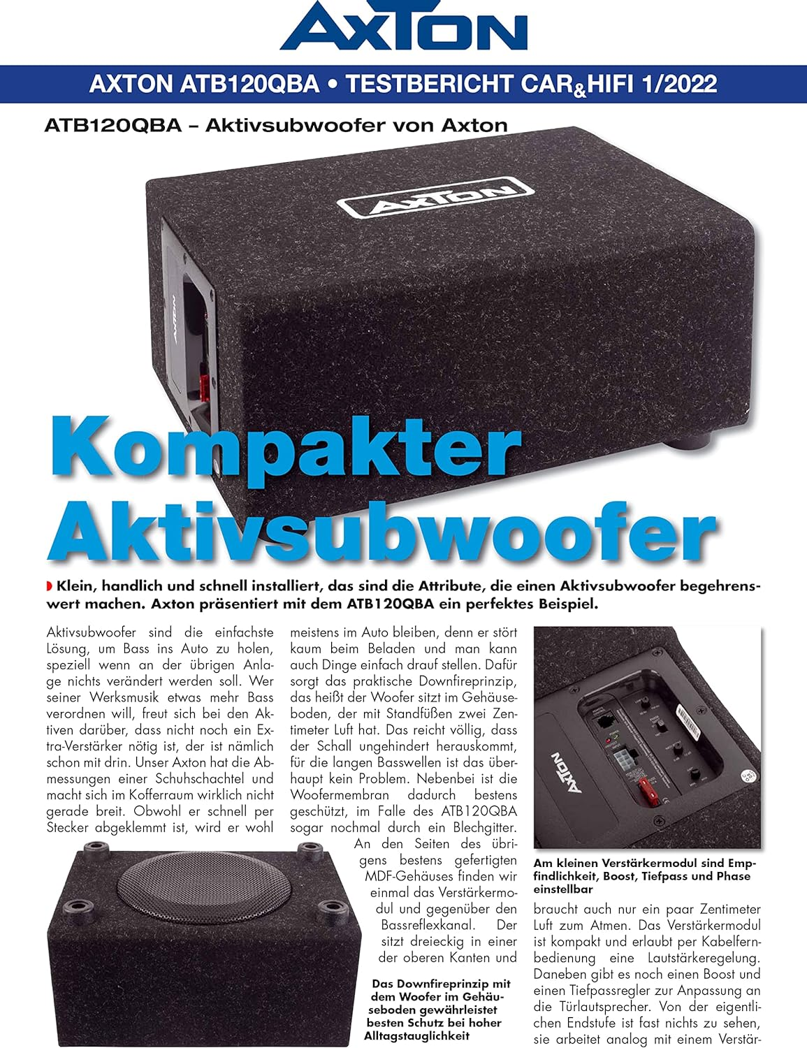Schwarzer kompakter Axton Aktivsubwoofer mit silbernem Logo. Oben ist ein Gitter.