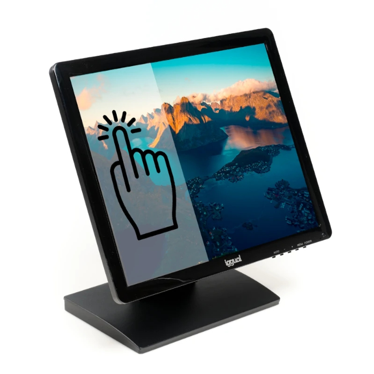 Monitor táctil con escena de lago de montaña e icono de cursor.