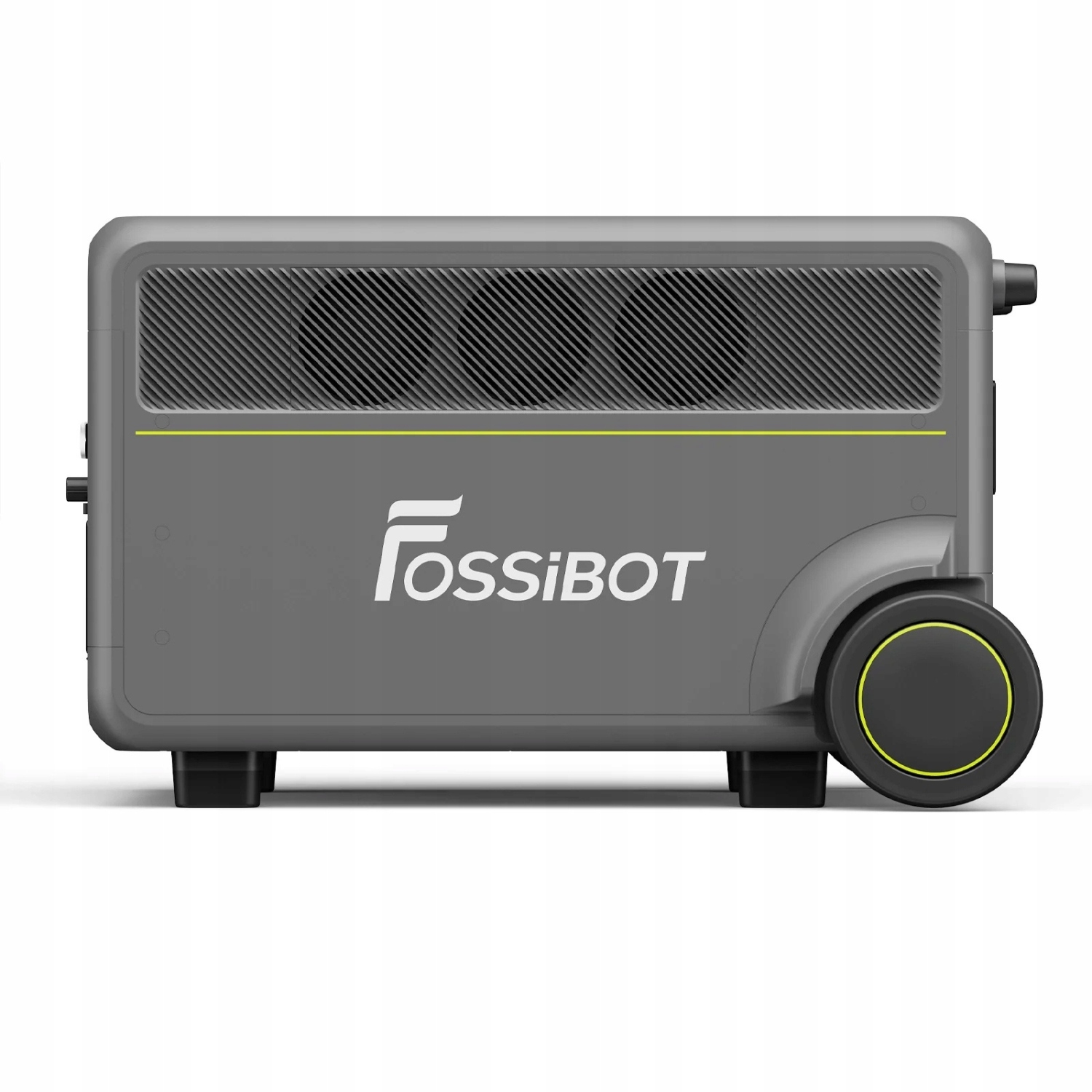 Szare urządzenie z kołami i otworami wentylacyjnymi. Logo 'Fossibot'.