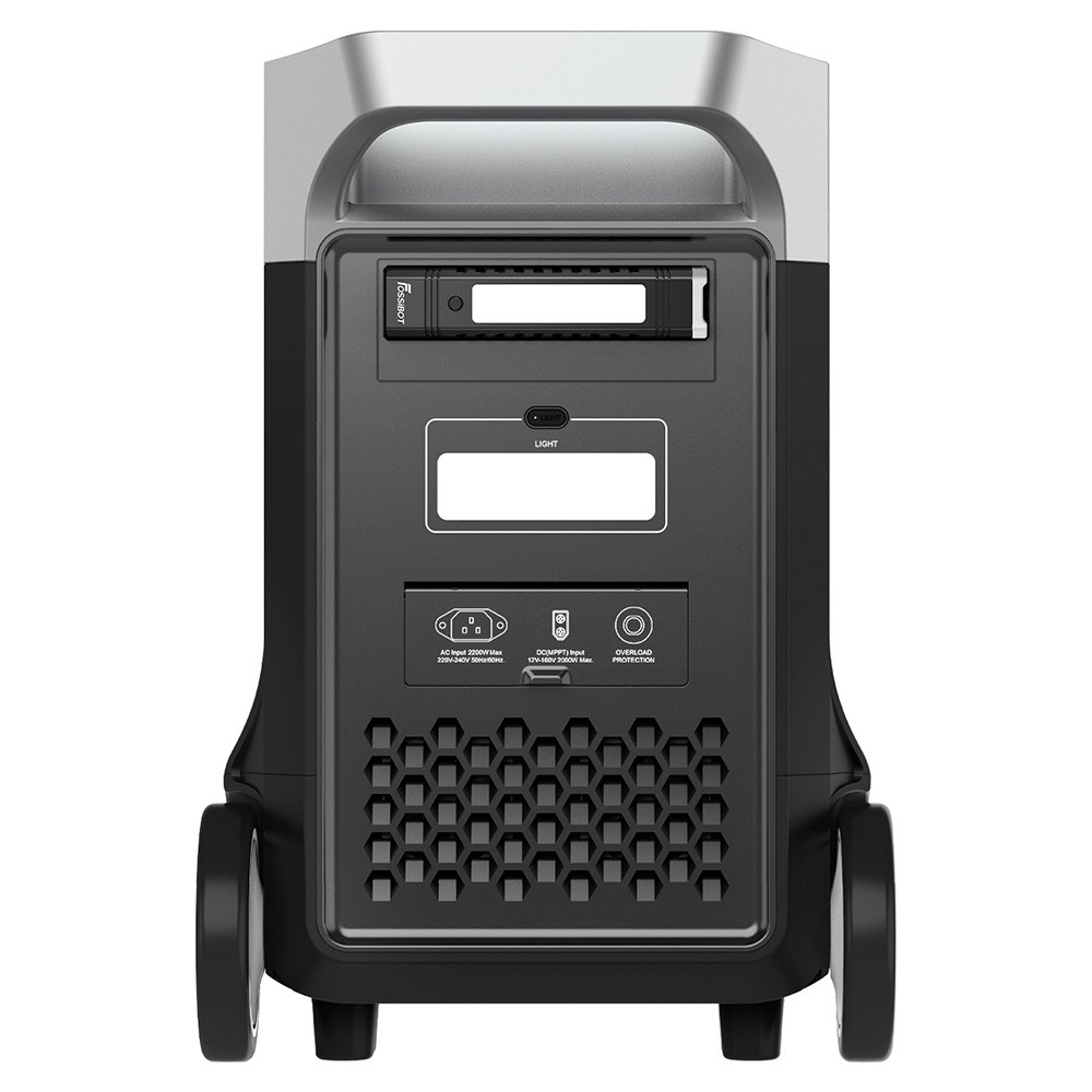 Czarny generator z srebrnym uchwytem, kołami i wieloma portami z tyłu.