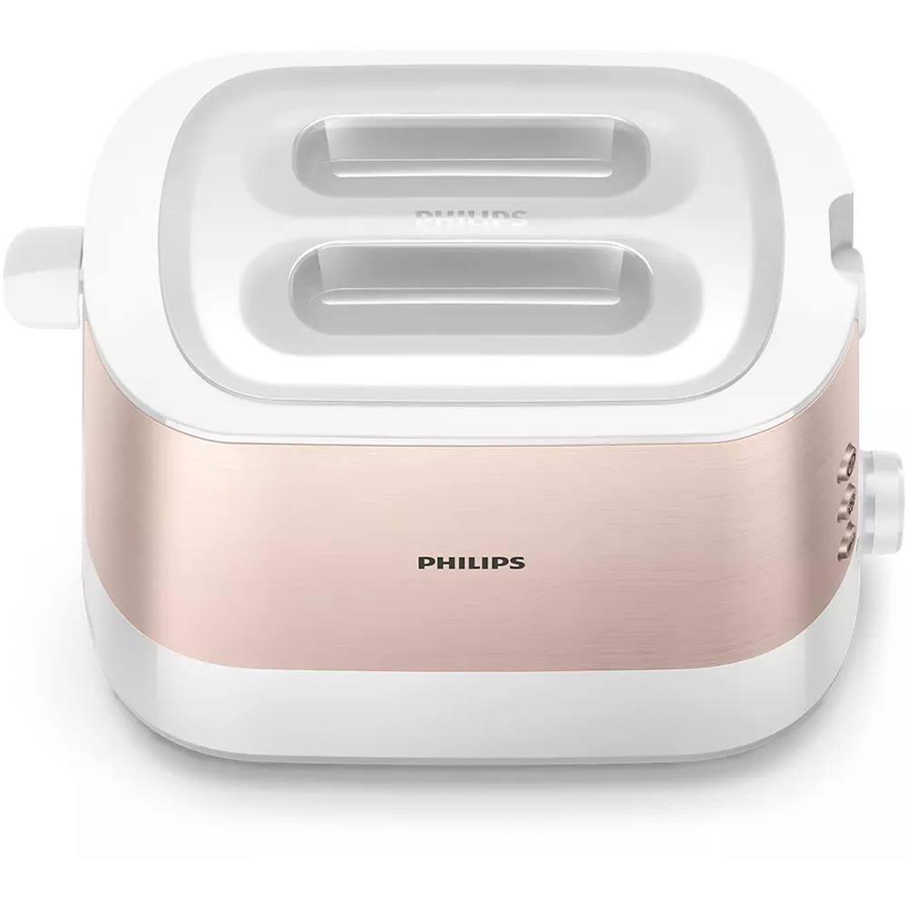 İki yuvalı beyaz ve rose gold Philips tost makinesi.