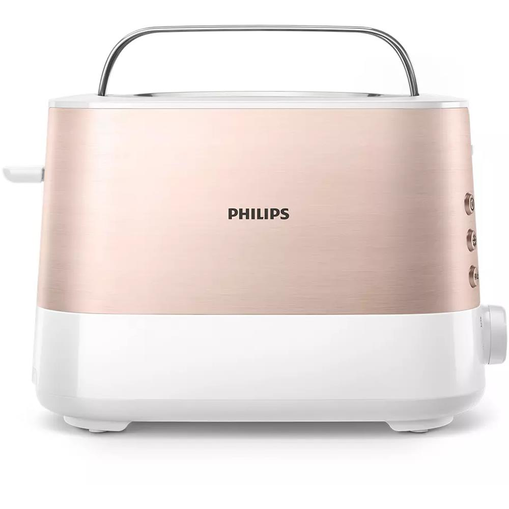 Gümüş saplı, rose altın ve beyaz Philips tost makinesi.