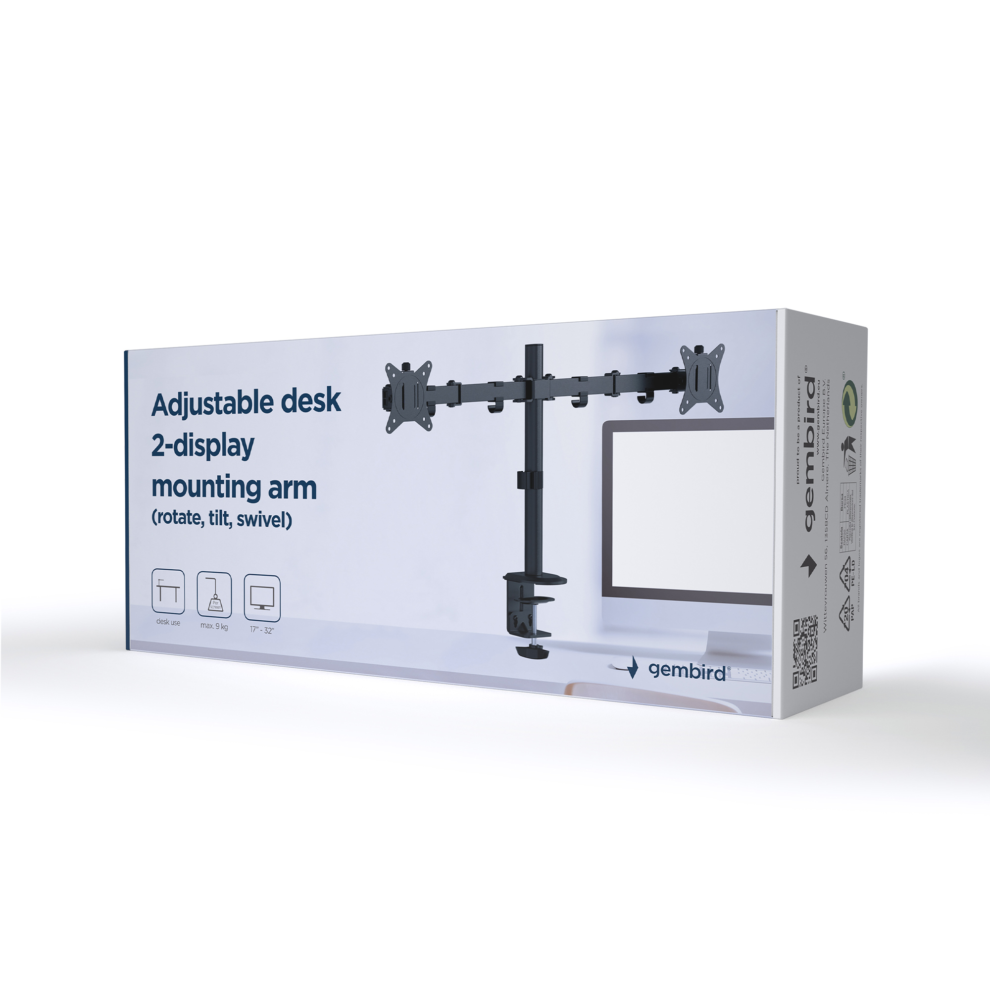 Adjustable black dual monitor desk mount with clamp.