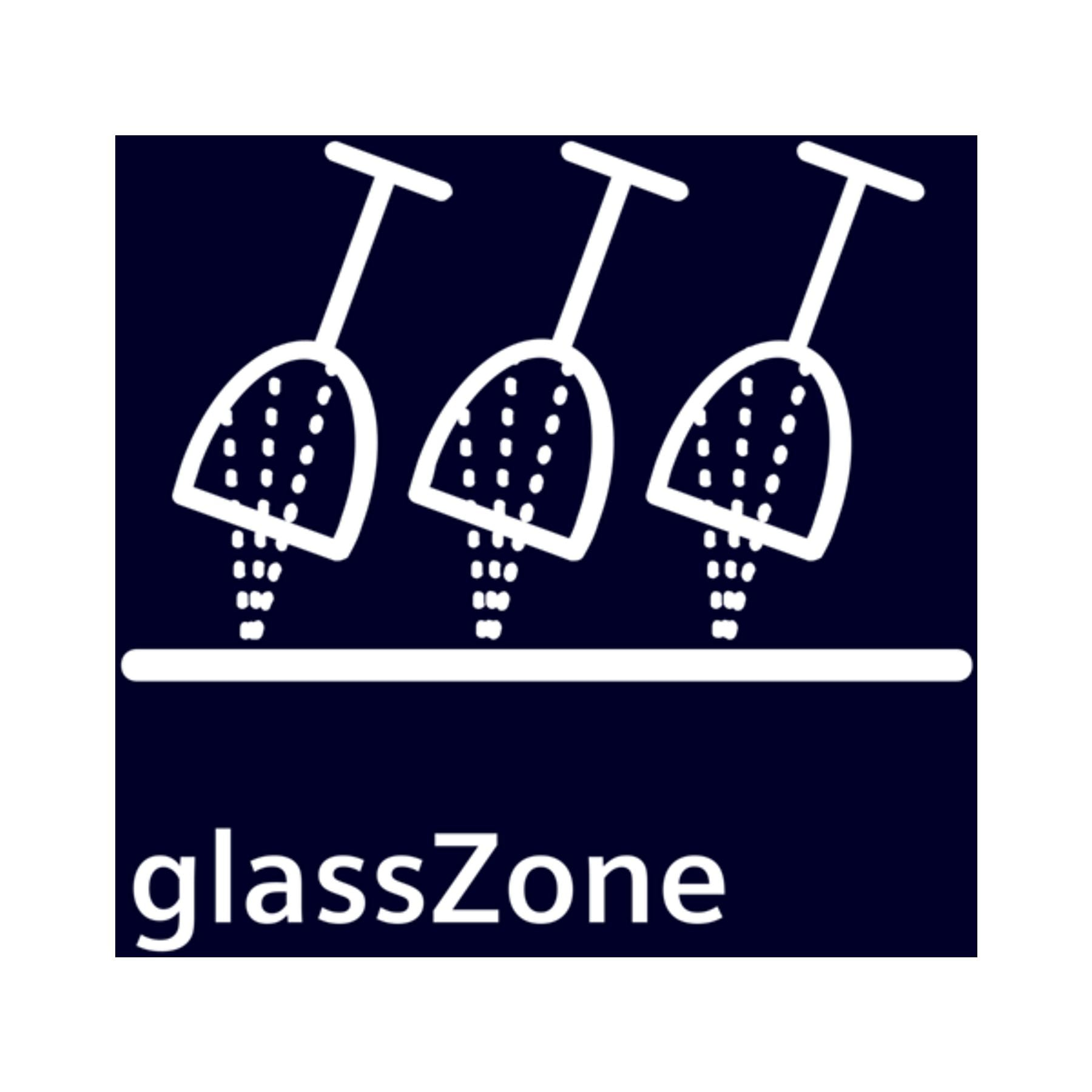 Üç beyaz bardak bir çizginin üzerinde asılı, altında "glassZone" yazıyor.