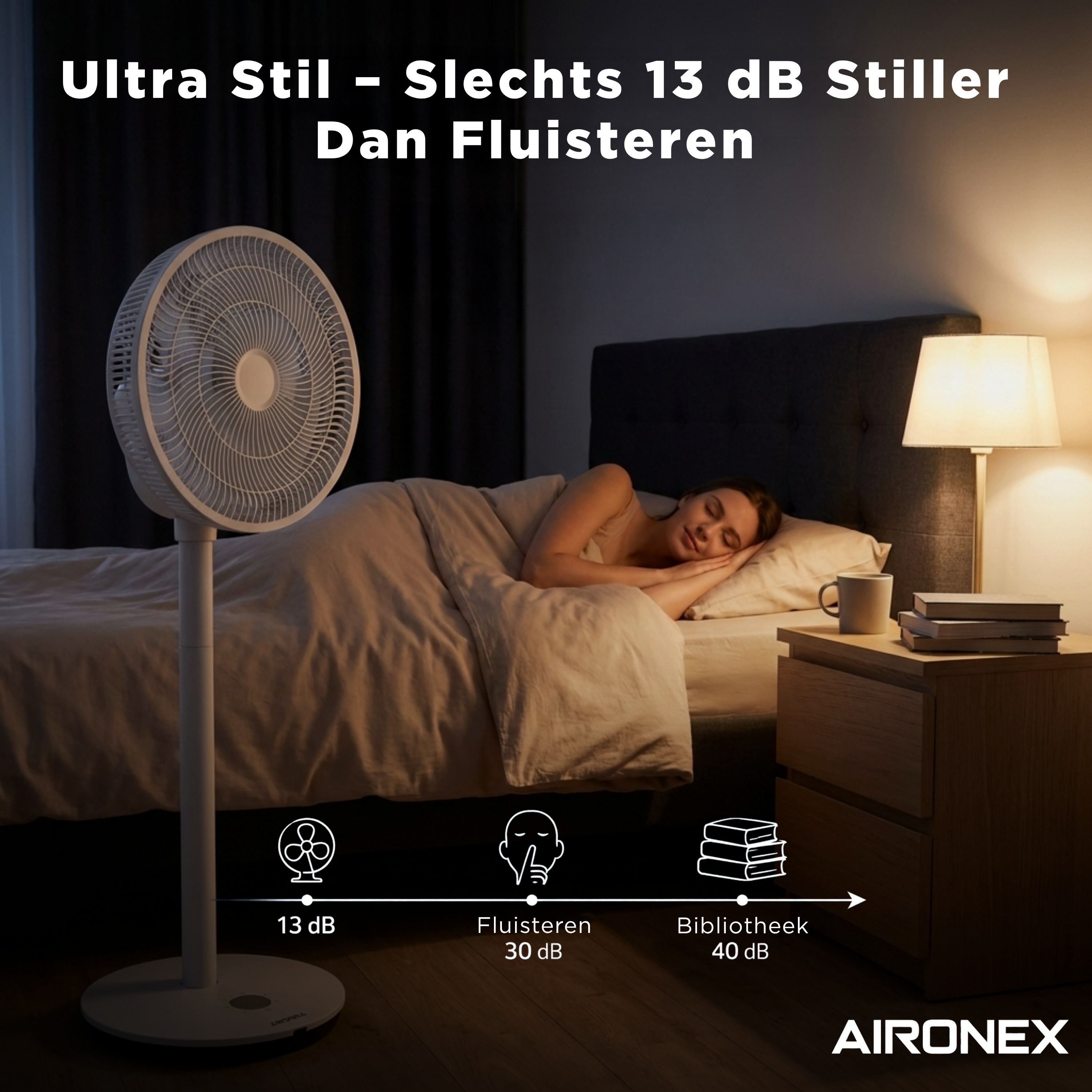 Ein Ventilator steht neben einem Bett, auf dem eine Frau schläft. Leise.