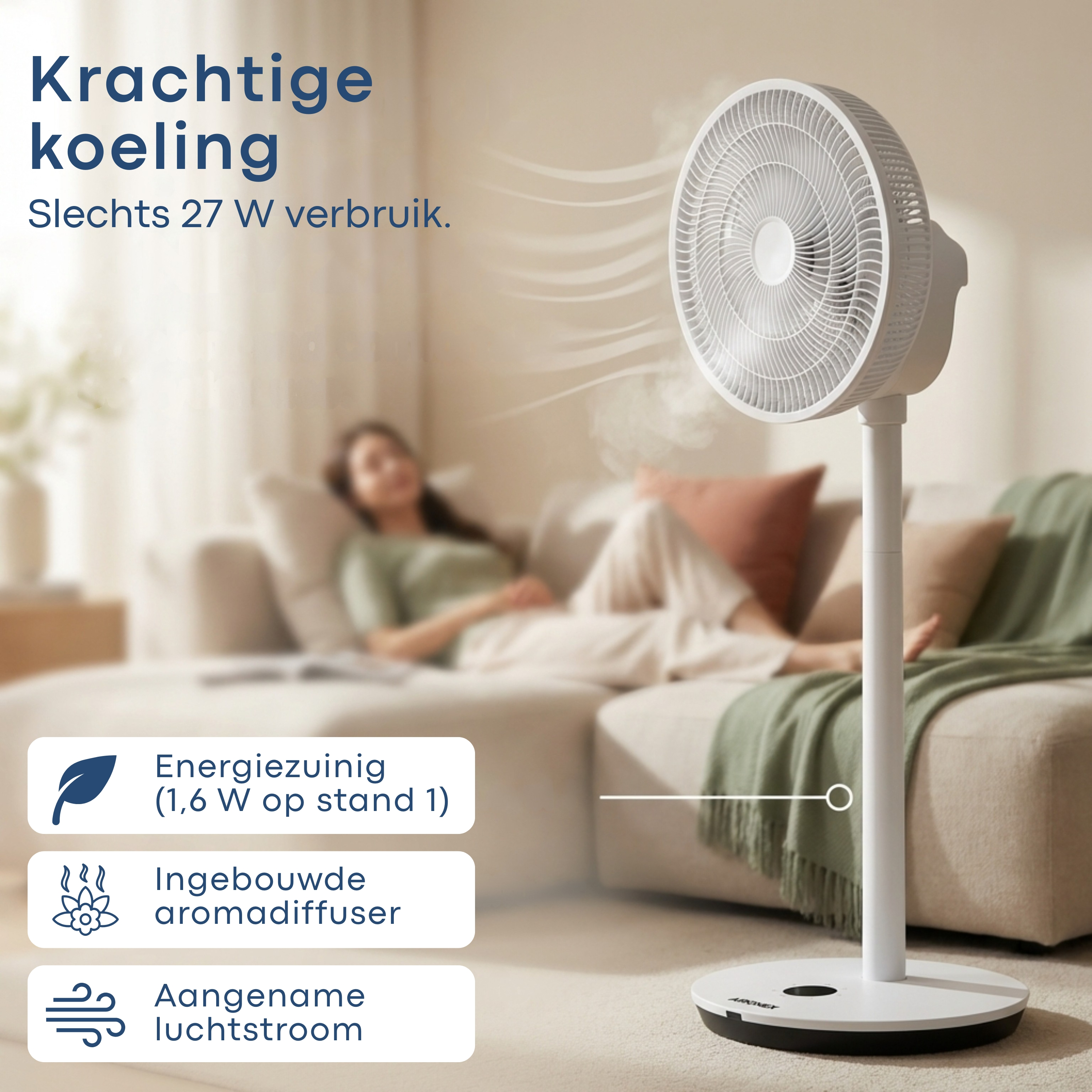 Witte staande ventilator met aromadiffuser, energiezuinig.