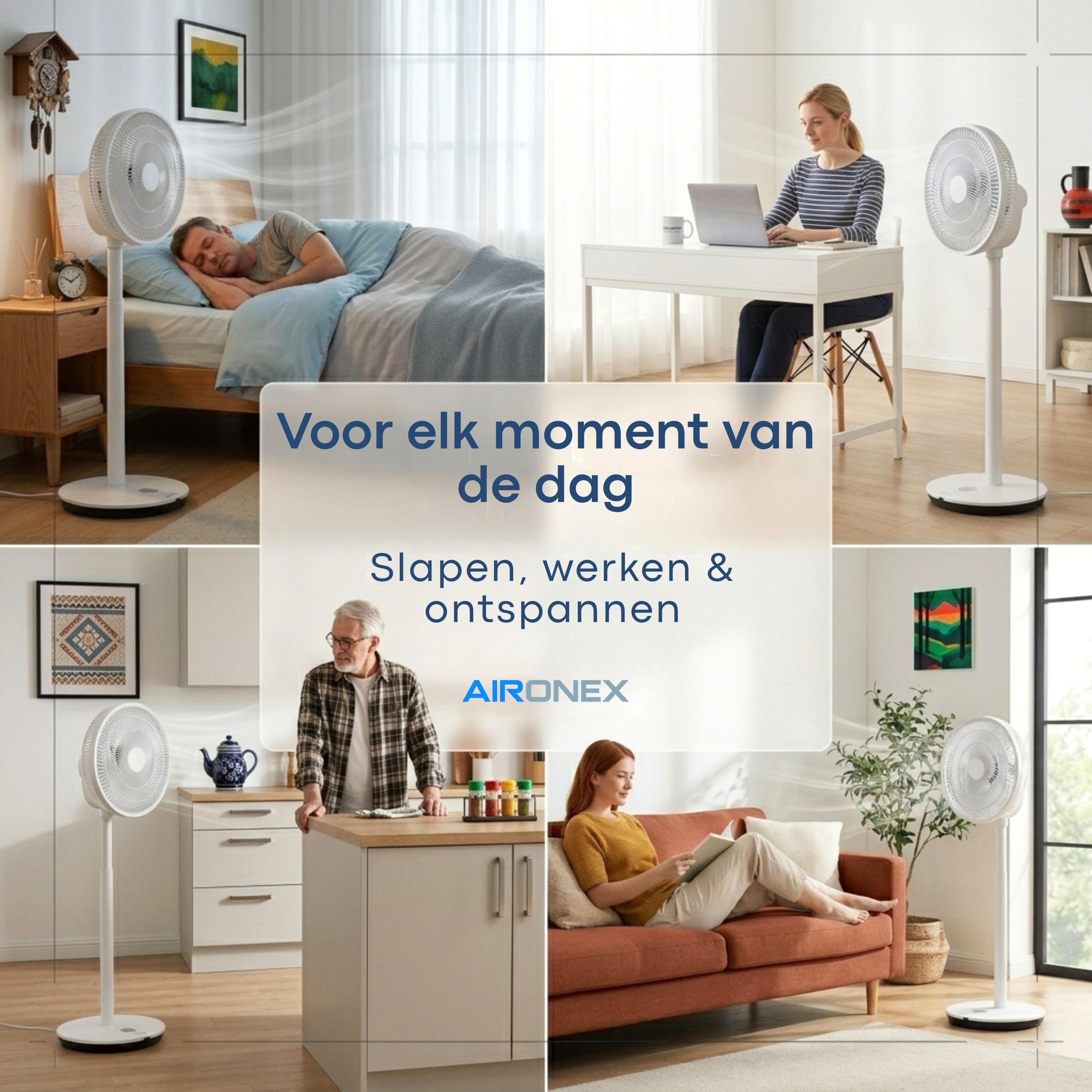 Ein Mann schläft, eine Frau arbeitet, ein Paar entspannt. Ventilatoren sind da.