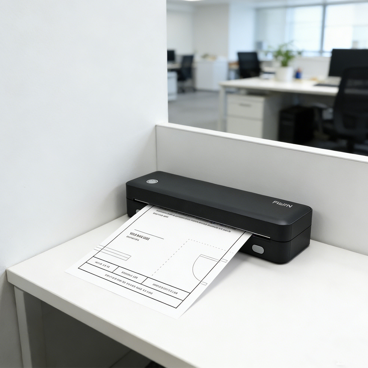 Ein schwarzer Drucker druckt ein Blatt Papier mit Linien und Text auf einem weißen Schreibtisch.