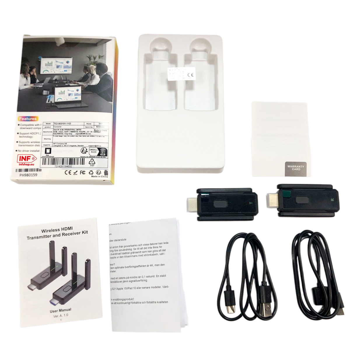 Wireless HDMI Transmitter and Receiver Kit mit Zubehör und Anleitung.
