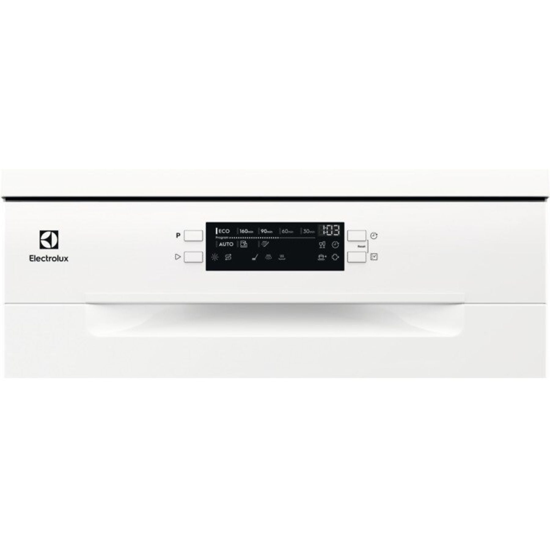 Białe drzwi zmywarki z logo Electrolux i cyfrowym wyświetlaczem.