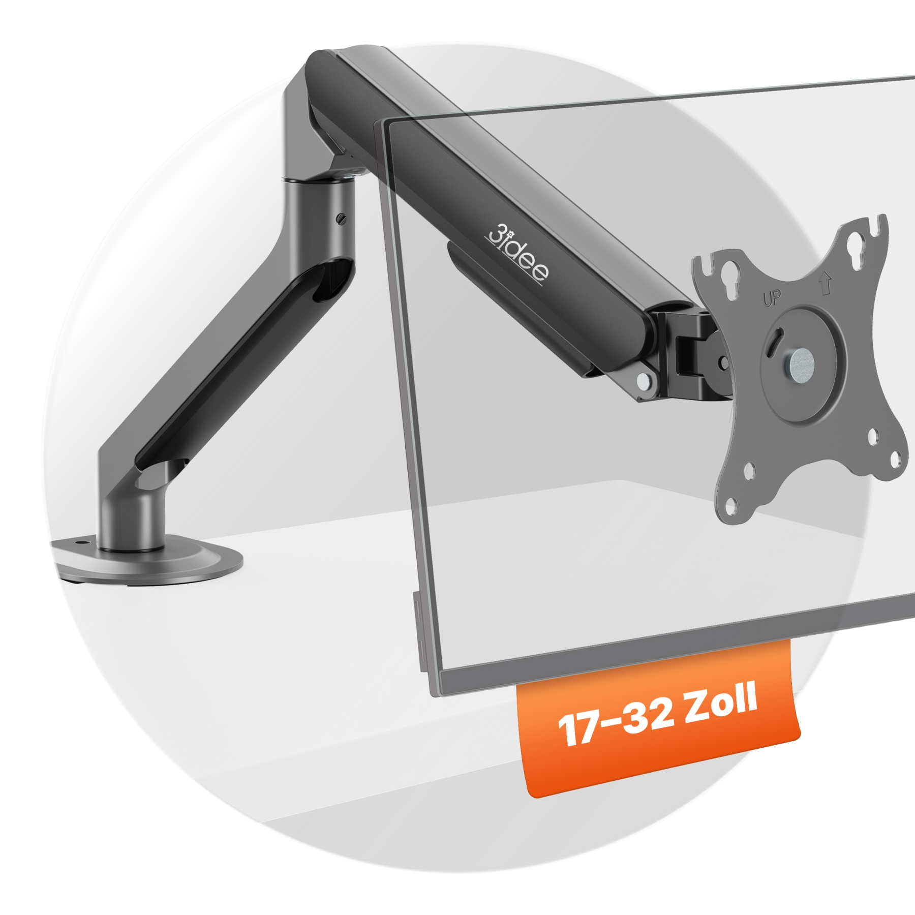 Ein Monitorarm aus Metall mit dem Logo 3tdee, unterstützt 17-32 Zoll-Bildschirme.